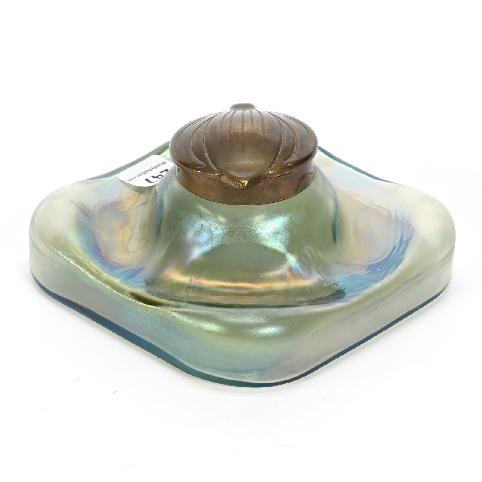 Square Inkwell, Unmarked Loetz Style Art Glass: Square Inkwell, Unmarked Loetz Style Art Glass, 2.5" x 4.75", Green Iridescence, Brass Flip Lid, No Insert, Patsy Creveling Collection.