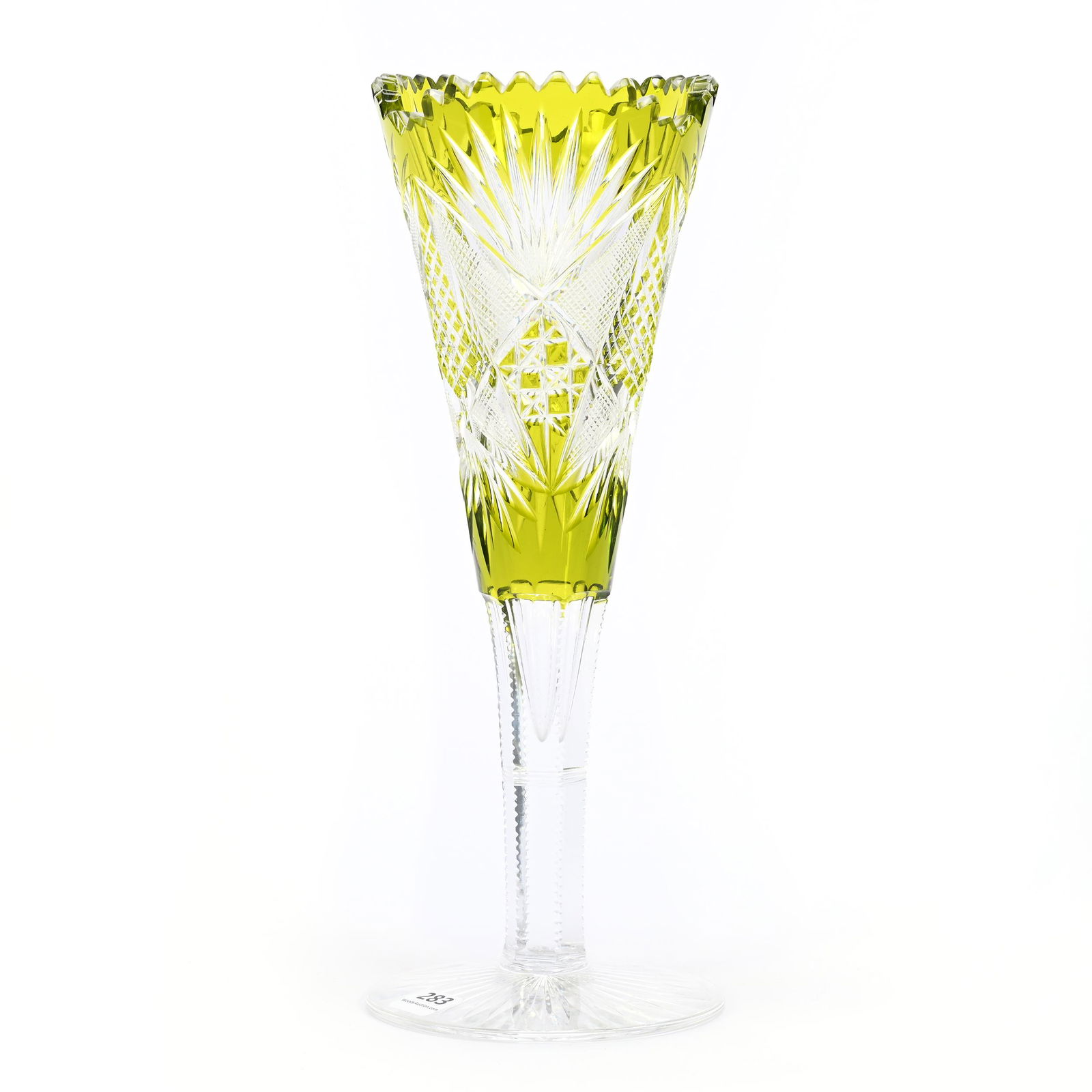 Trumpet Vase, BPCG, Chartreuse Cut To Clear: Trumpet Vase, BPCG, Chartreuse Cut To Clear, 12" x 4.5", Strawberry Diamond, Star And Block Motif, Ray Cut Foot, Attributed To Val St. Lambert, One Tooth With Minor Chip, Pennsylvania Private Collecti