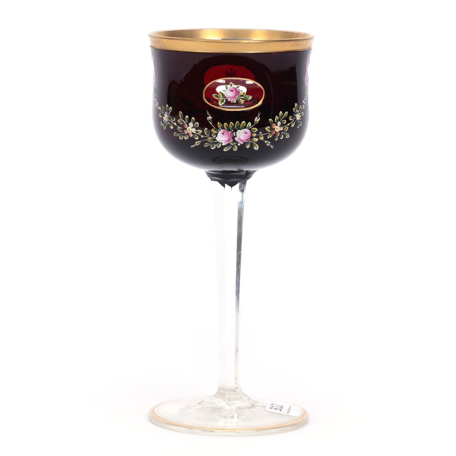 Wine Stem, Ruby Cut To Clear Art Glass: Wine Stem, Ruby Cut To Clear Art Glass, 7.75" x 3.25", Enamel Garland Decor, Pennsylvania Private Collection.