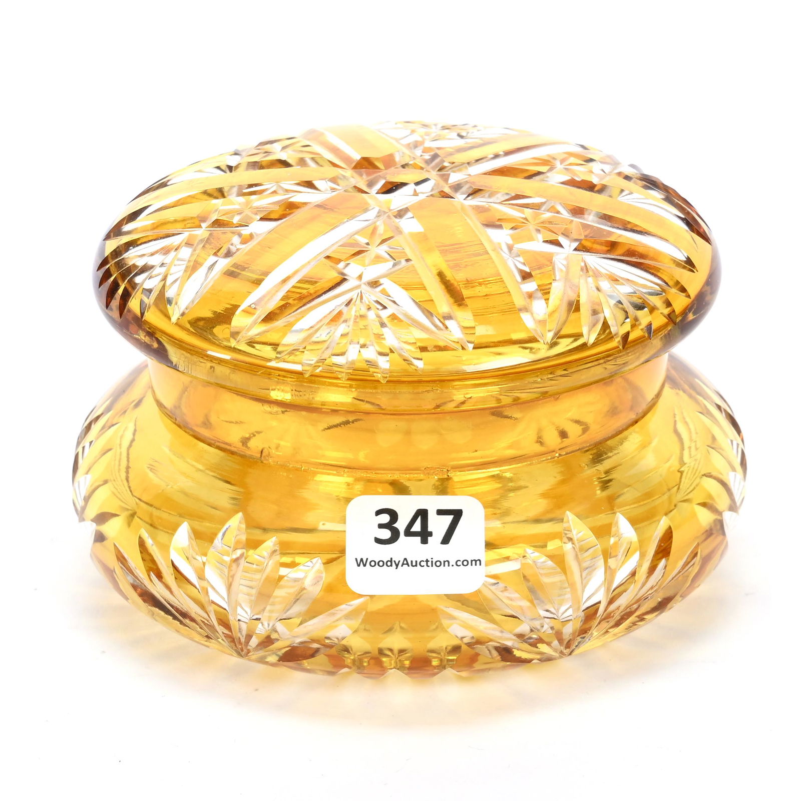 Round Covered Box, Cut Glass, Amber Cut To Clear (1 of 3)
