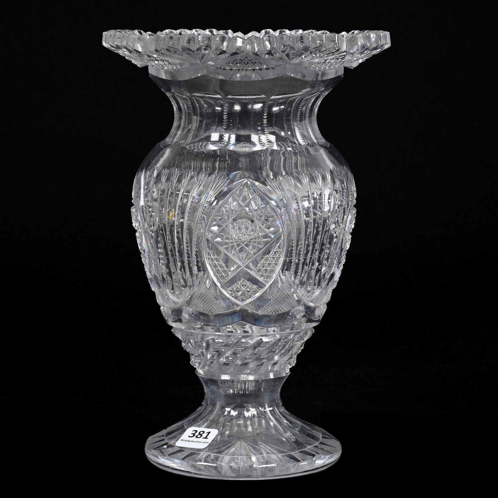 Pedestal Flared Vase, American Brilliant Cut Glass: Pedestal Flared Vase, ABCG, 10" x 6.75", Hobstar, Vesica, Strawberry Diamond, Nailhead Diamond And Prism Motif, Pattern Cut Rim, Ray Cut Base, Tooth Chips, Pennsylvania Private Collection.