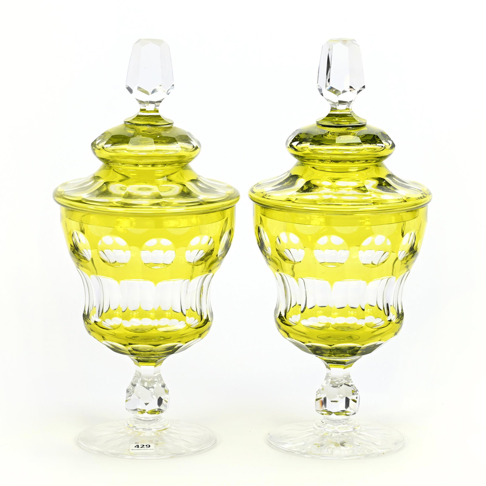 Pair Pedestal Covered Jars, BPCG, Yellow Cut To Clear (1 of 3)