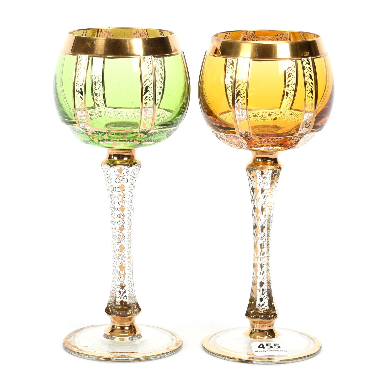 Pair Wine Stems, Unmarked Moser Style Art Glass: Pair Wine Stems, Unmarked Moser Style Art Glass, 8" x 3.5", Colored Cabochon Panels With Gold Stencil Highlights, (1) Amber, (1) Green, Pennsylvania Private Collection.