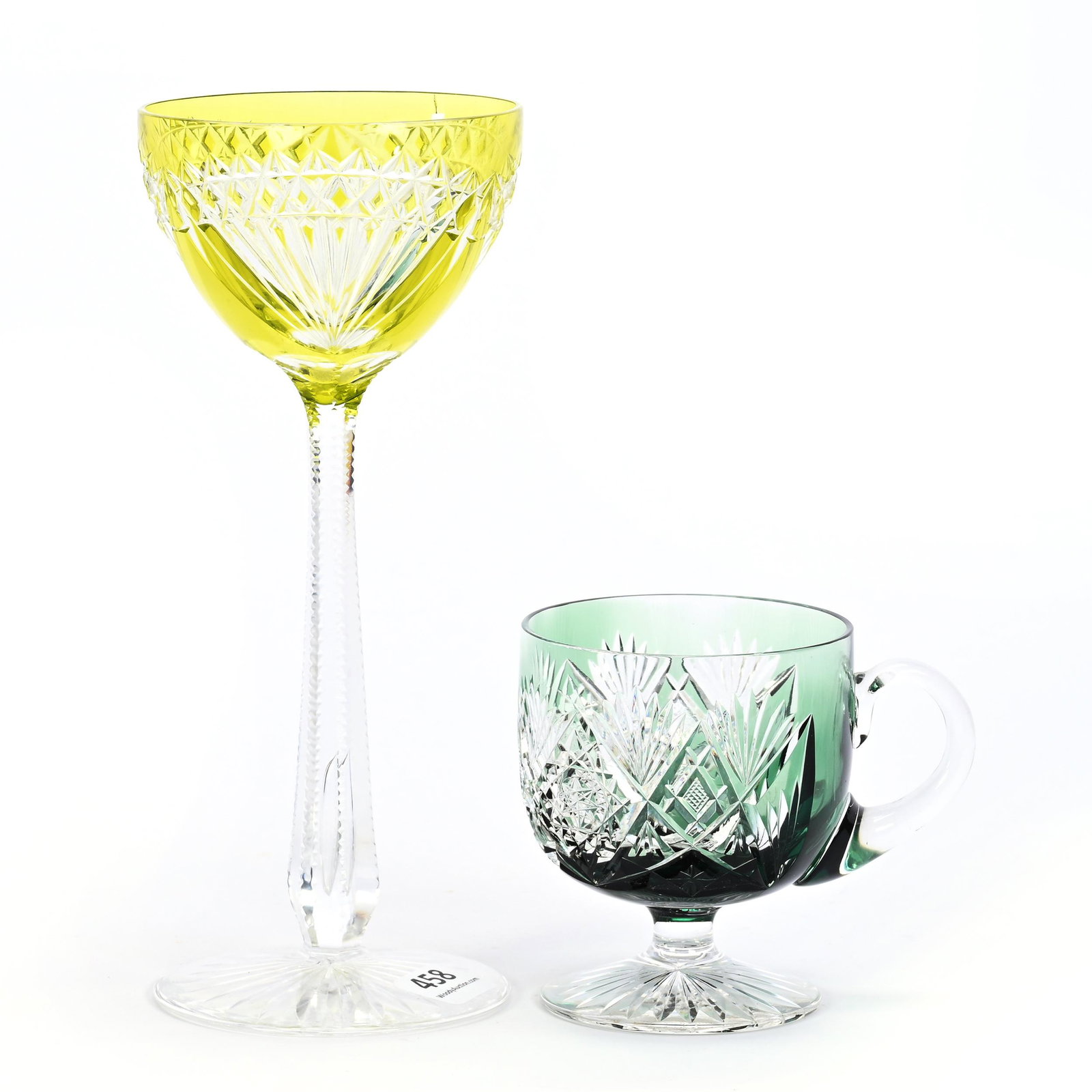 (2) Val St. Lambert Items, Color Cut To Clear: (2) Val St. Lambert Items, Color Cut To Clear, (1) 7.75" X 3.25" Wine Stem, Yellow Cut To Clear, Rim Crack, (1) 3.25" X 2.75" Pedestal Punch Cup, Green Cut To Clear, Pennsylvania Private Collection.