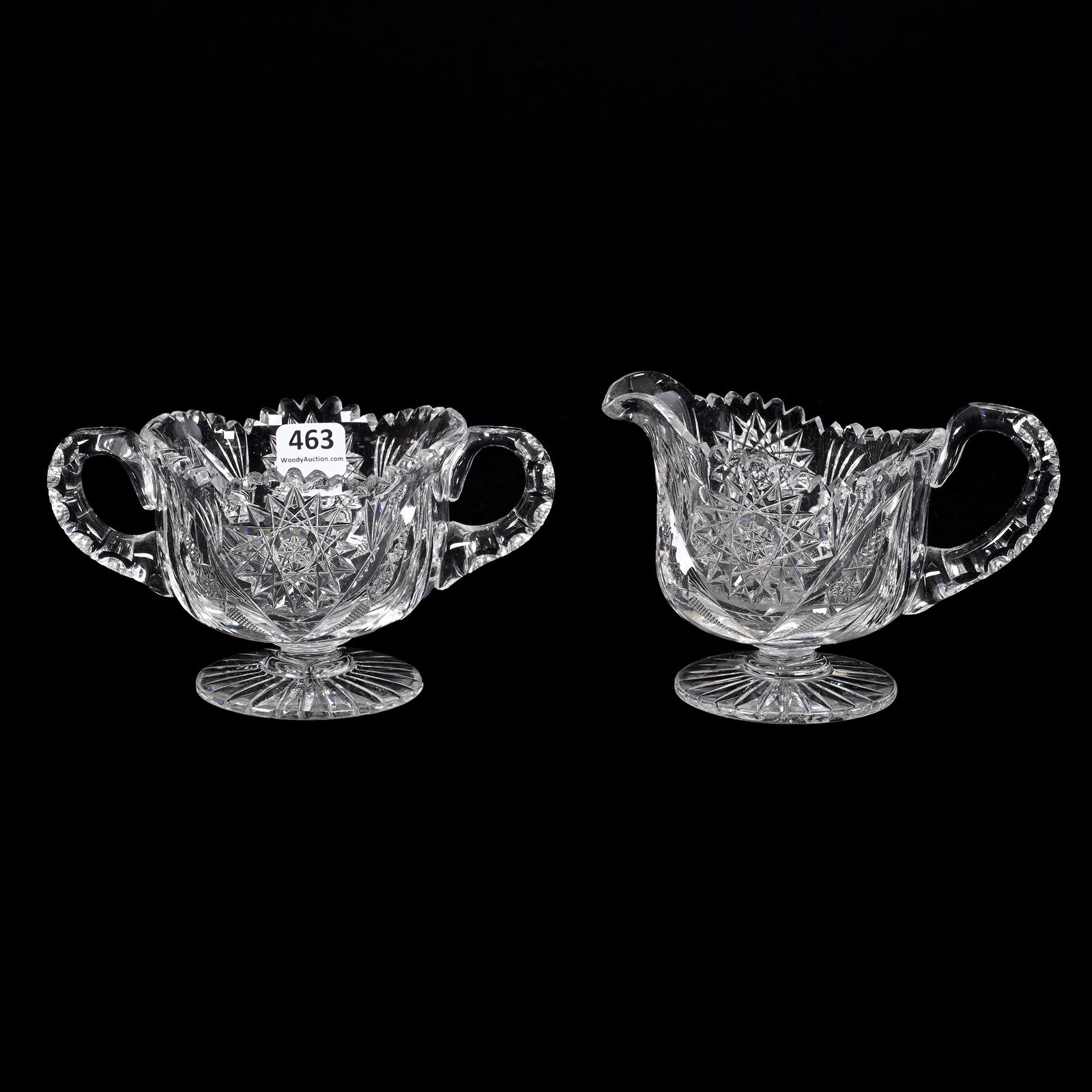 Pedestal Creamer & Sugar, ABCG: Pedestal Creamer & Sugar, ABCG, 4" x 6" , Hobstar, Vesica, Strawberry Diamond And Fan Motif, Ray Cut Foot, Outside Rim Chip On Sugar, Creamer Has Spout Roughness, Pennsylvania Private Collection.