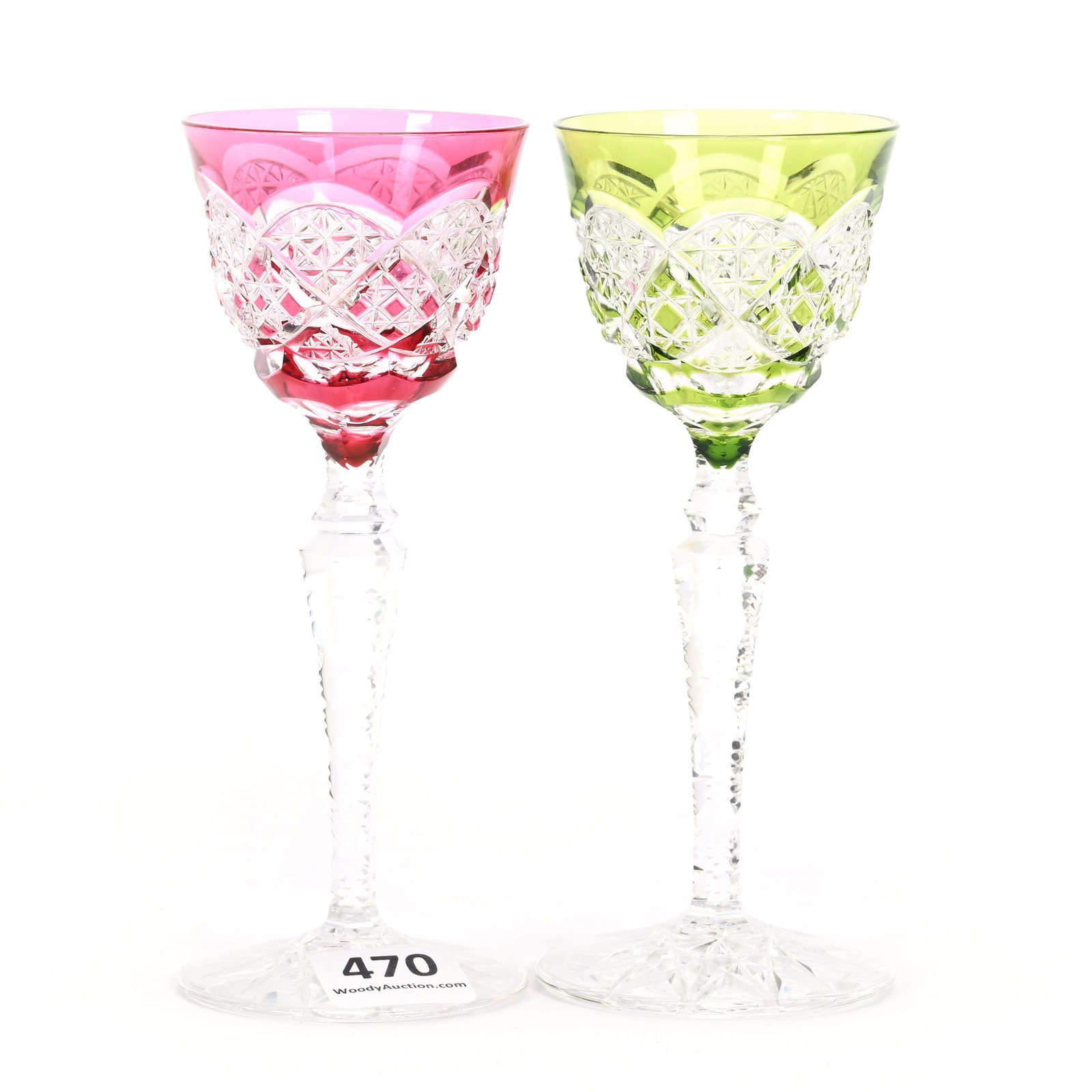 (2) Wine Stem, BPCG, Color Cut To Clear: (2) Wine Stem, BPCG, Color Cut To Clear, 5" x 2", Verrept Pattern By Val St. Lambert, Circa 1920, Round Hobstar Foot, (1) Green, (1) Cranberry, Pennsylvania Private Collection.