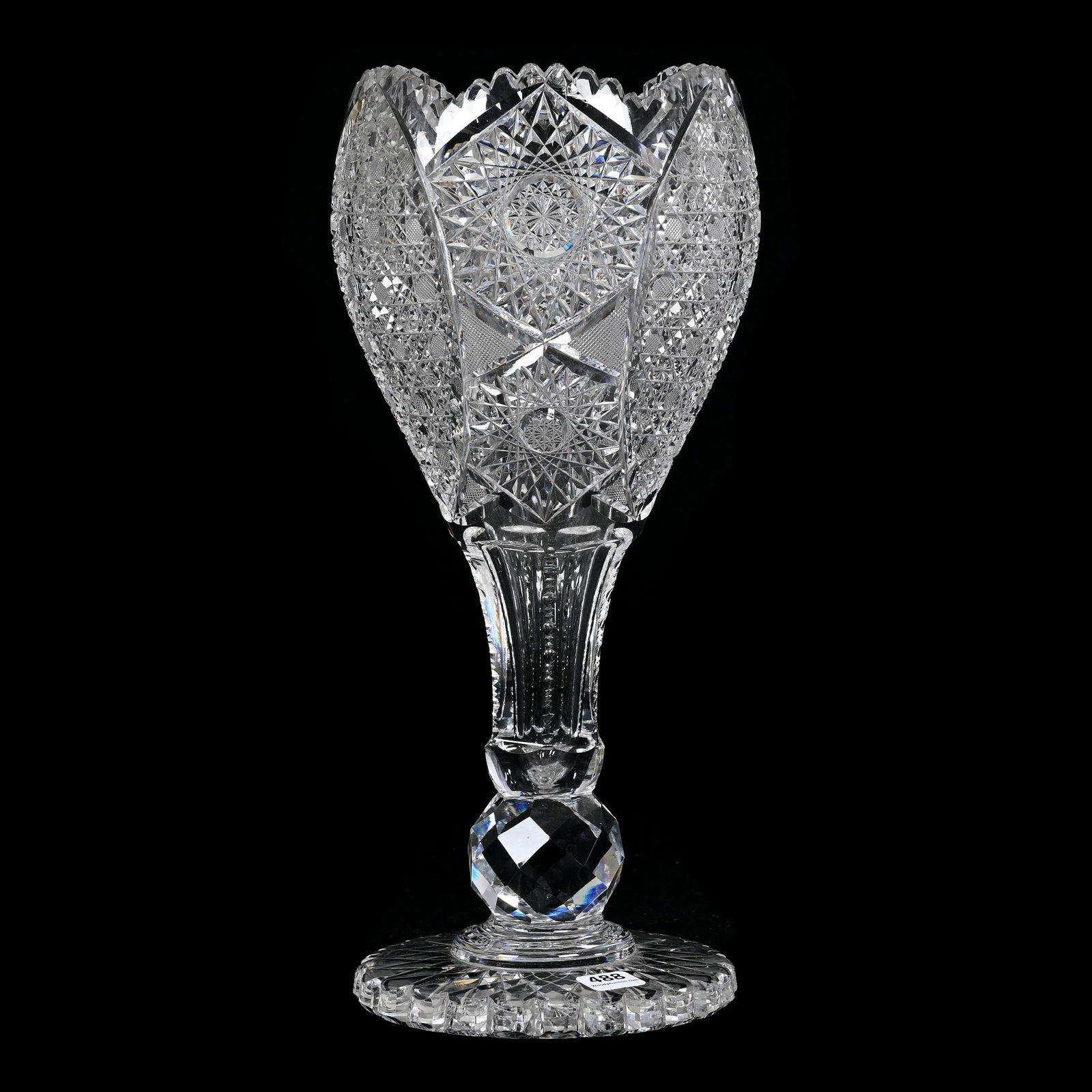 Chalice Vase, American Brilliant Cut Glass: Chalice Vase, ABCG, 14" x 6", Hobstar, Vesica, Cane And Strawberry Diamond Motif, Large Facet Cut Ball Stem, Scalloped Hobstar Foot, Outside Tooth Chip, Pennsylvania Private Collection.