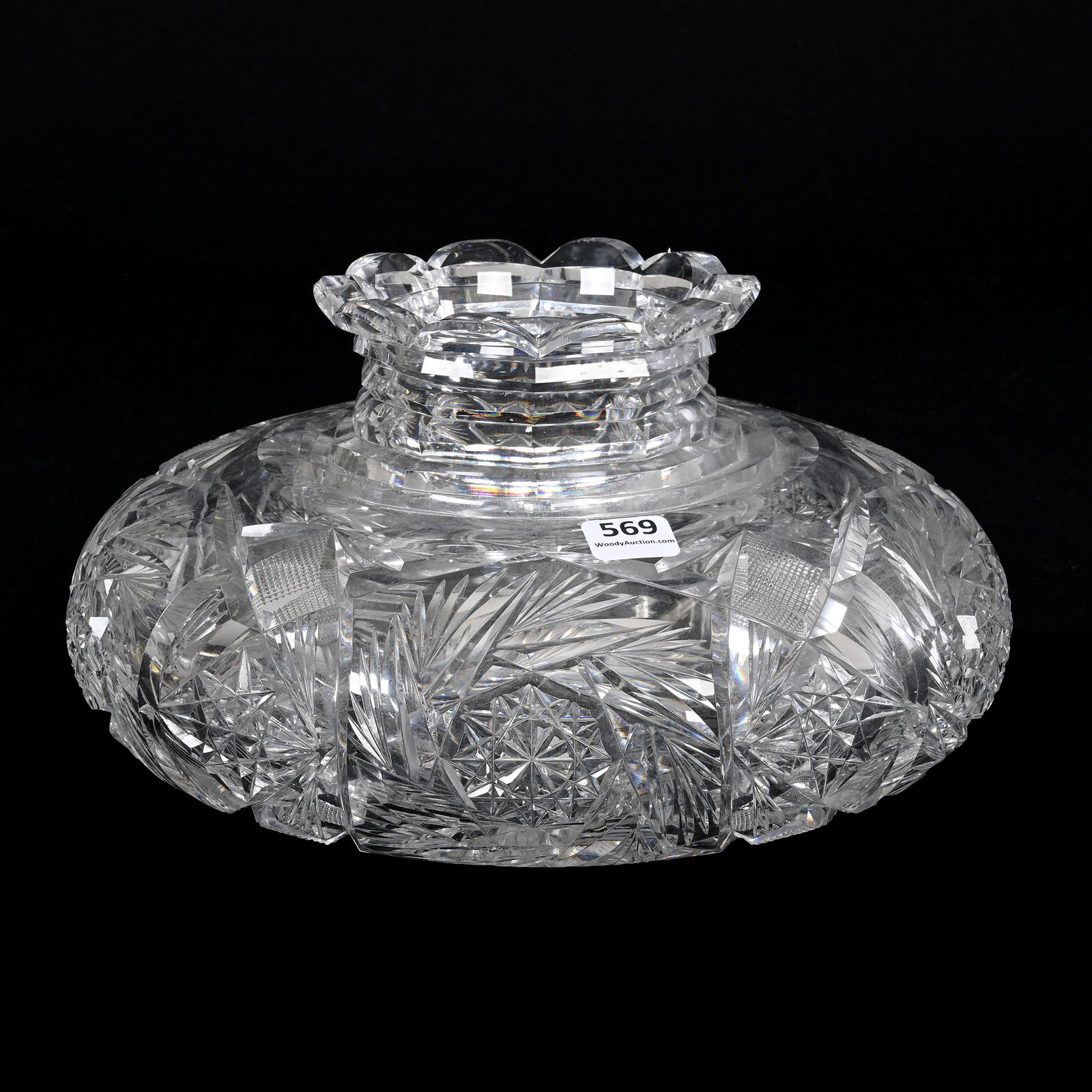 Flower Center, American Brilliant Cut Glass: Flower Center, ABCG, 5.25" x 10", Pinwheel, Vesica, Strawberry Diamond And Fan Motif, Ray Cut Base, Step Cut Neck, Some Pattern Chips, Nebraska Private Collection.