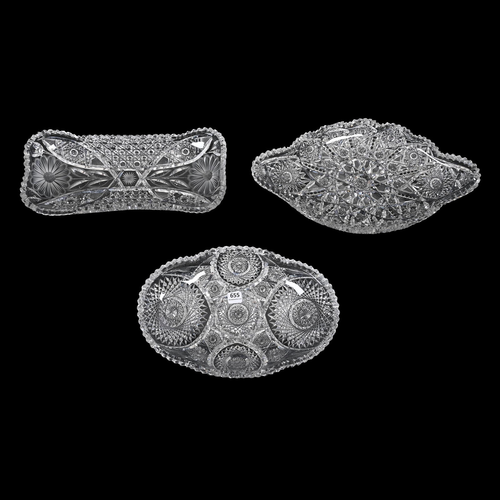 (3) Items, American Brilliant Cut Glass: (3) Items, ABCG, (1) 12.5" X 5.5"Rectangular Tray, Harvard And Engraved Daisy Motif, Some Tooth Chips, (1) 11.75" X 7.75" Bread Tray, Hobstar And Fan Motif, Some Outside Tooth Roughness On Rim, (1) 14