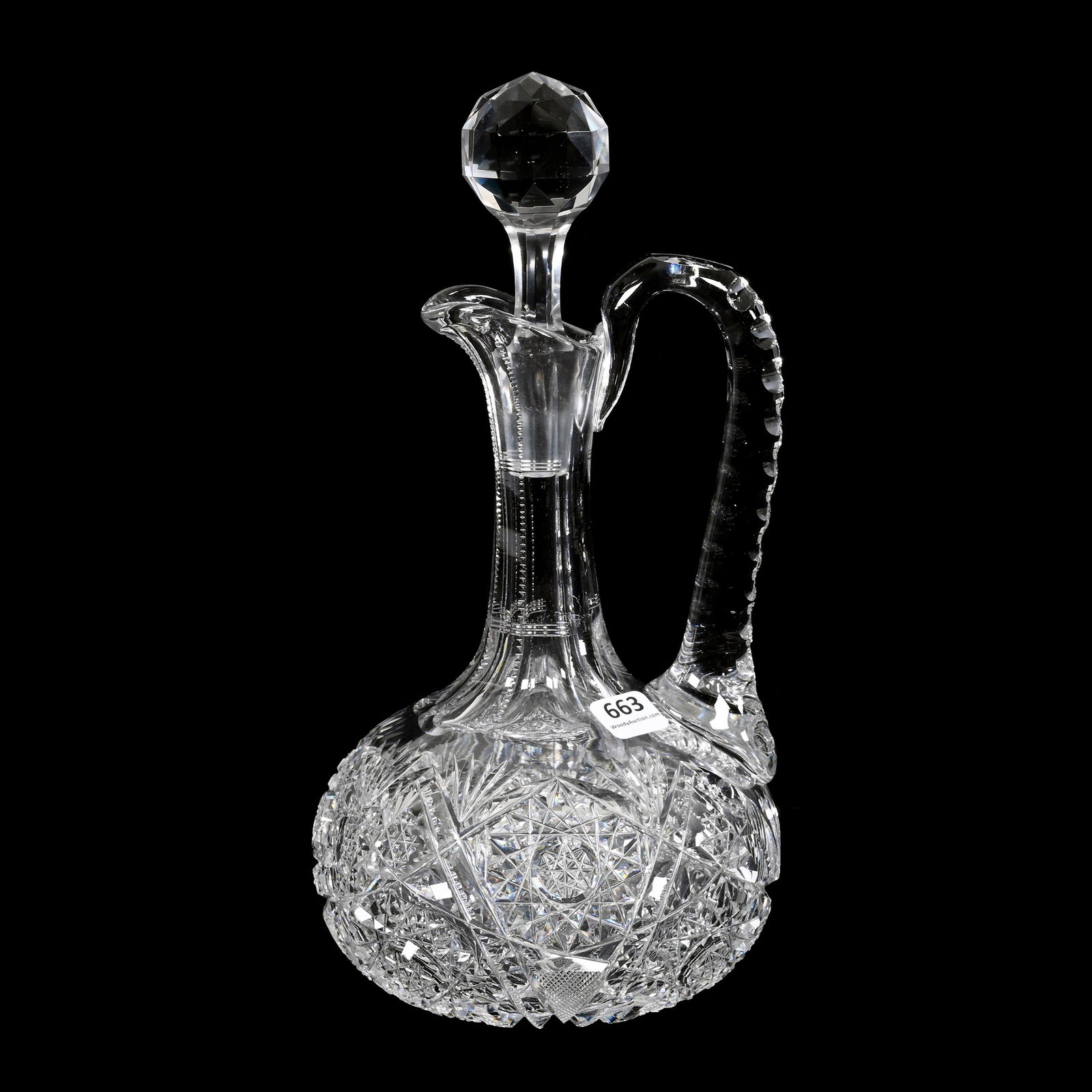 Decanter, American Brilliant Cut Glass: Decanter, ABCG, 11.5" x 5.75", Four Sections Of Hobstar, Vesica, Strawberry Diamond, Prism And Fan Motif, Double Notched Crosshatch Handle, Clear Blank, Nick On Neck Of Stopper, This Item Sold In A Pr