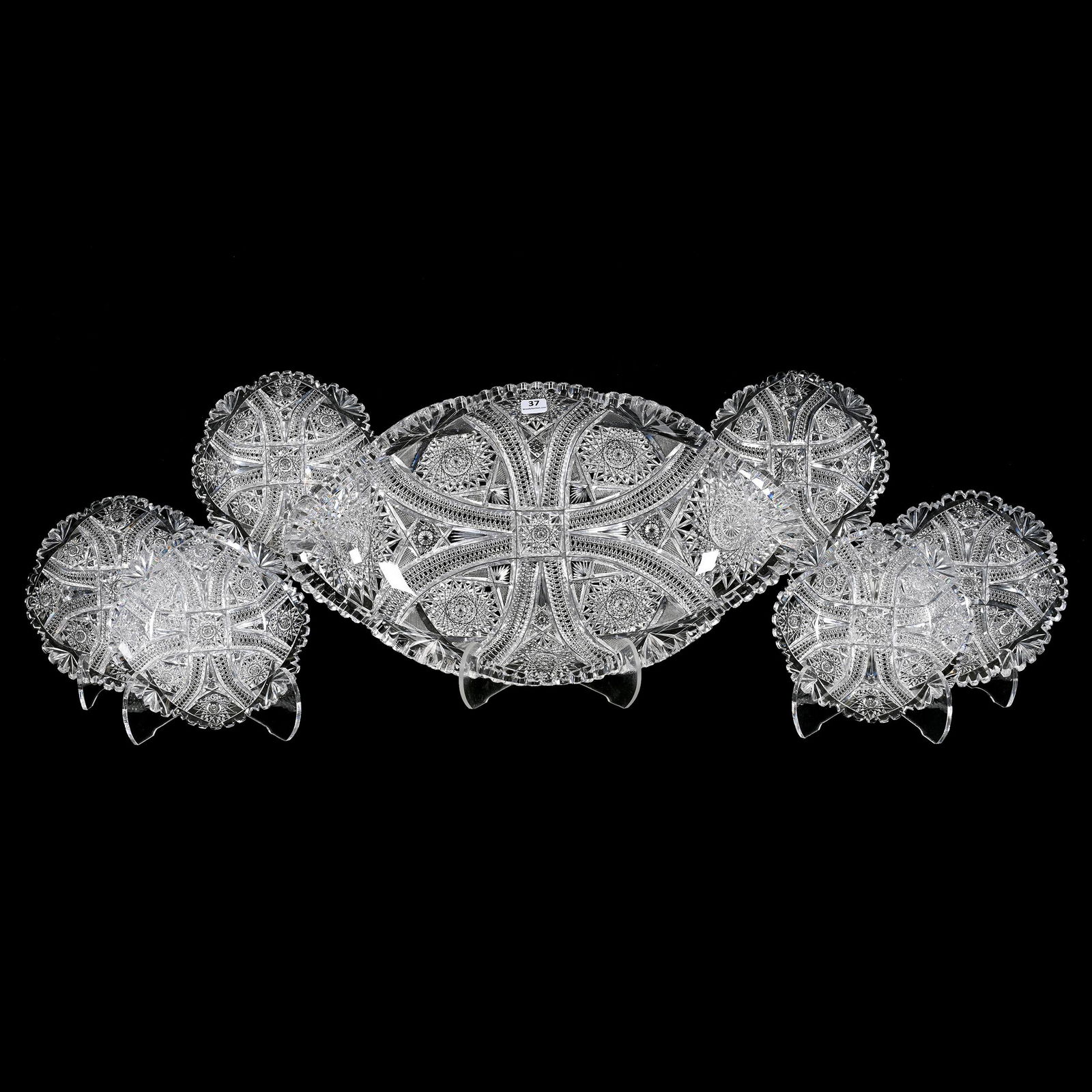 Ice Cream Set, ABCG, Columbia Pattern By Blackmer: Ice Cream Set, American Brilliant Cut Glass, Columbia Pattern By Blackmer, (1) 17.75" X 10.5" Ice Cream Tray, Two Tooth Chips, (6) Matching 6.75" Plates, Beautiful Set, Nancy And Taylor Abernathy Coll