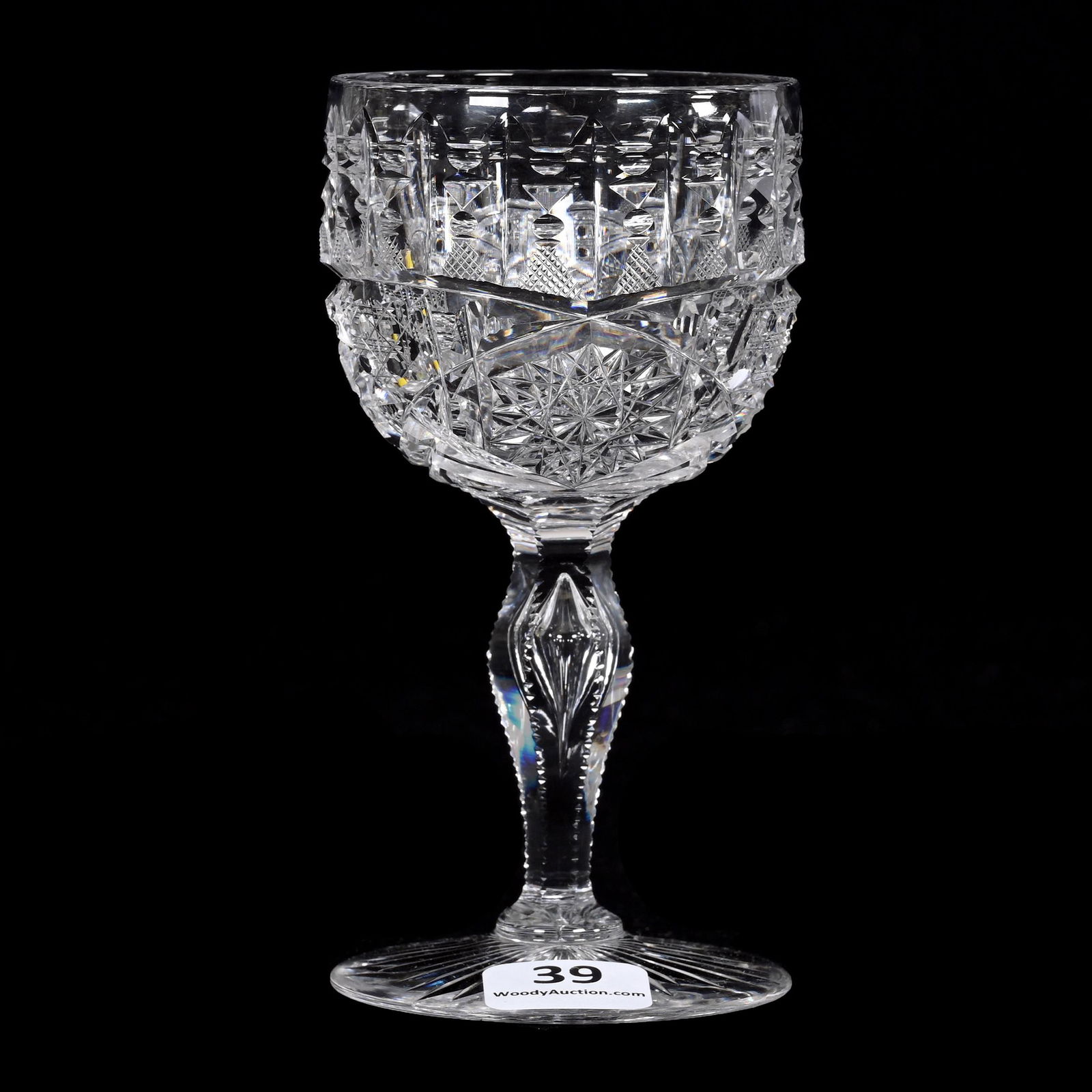 Wine Stem, ABCG, Signed Libbey Ellsmere Pattern: Wine Stem, American Brilliant Cut Glass, Signed Libbey Ellsmere Pattern, 5" x 2.5", Teardrop Stem, Ray Cut Foot, Nancy And Taylor Abernathy Collection.