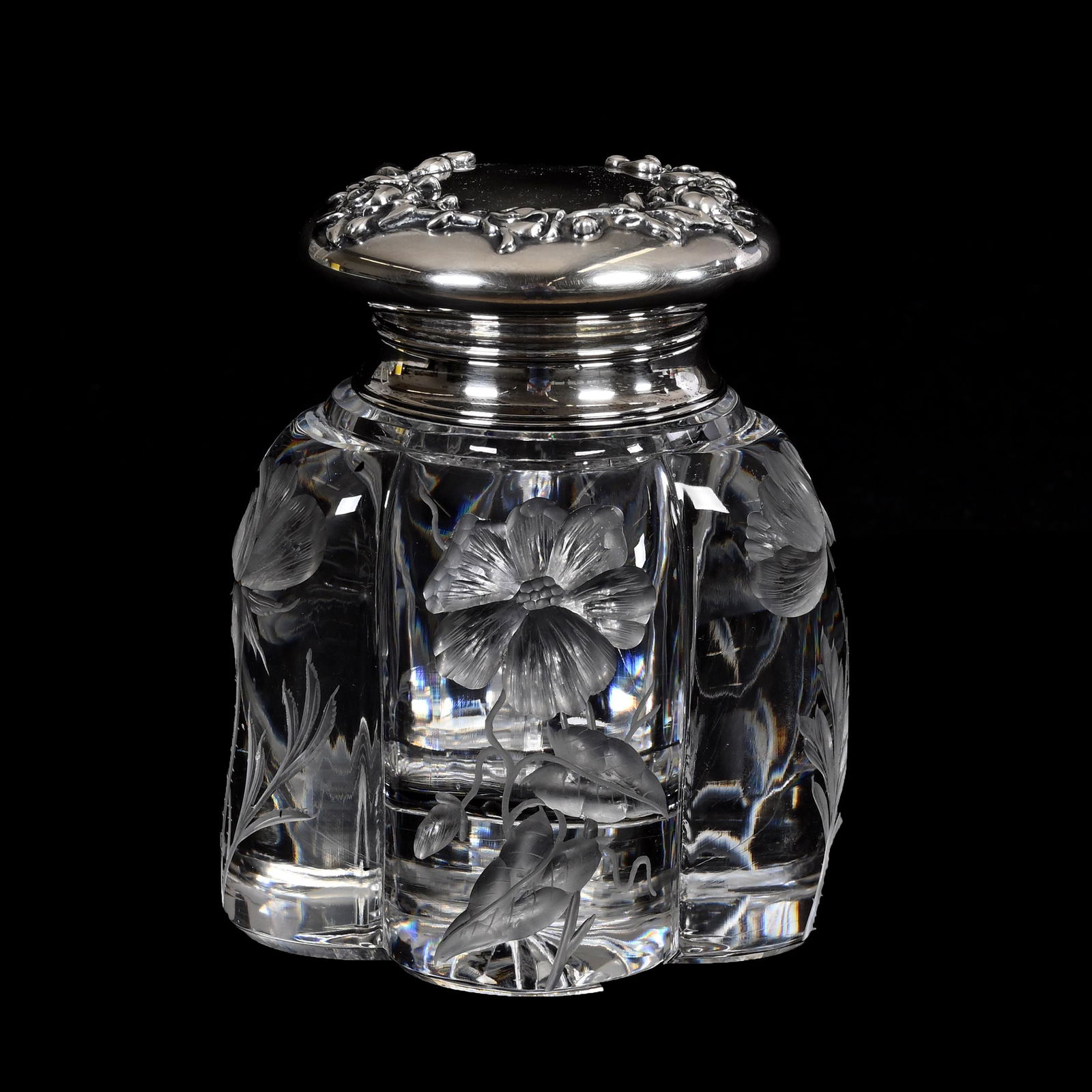 Inkwell, American Brilliant Cut Glass, Sterling Top (1 of 4)