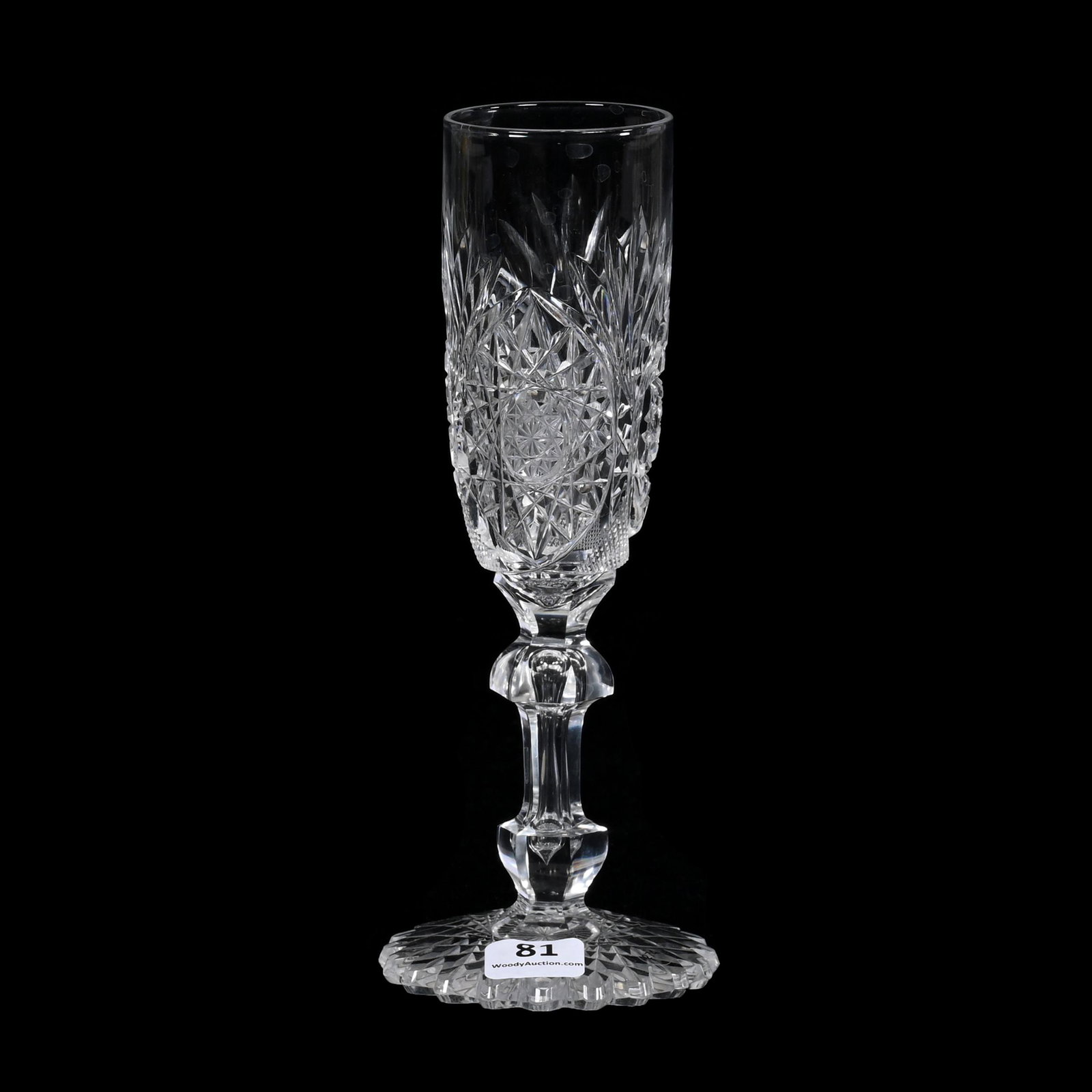Champagne Flute, American Brilliant Cut Glass: Champagne Flute, American Brilliant Cut Glass, 7.75" x 3", Hobstar, Strawberry Diamond, Vesica And Fan Motif, Apple Core Stem, Scalloped Hobstar Foot, Nancy And Taylor Abernathy Collection.