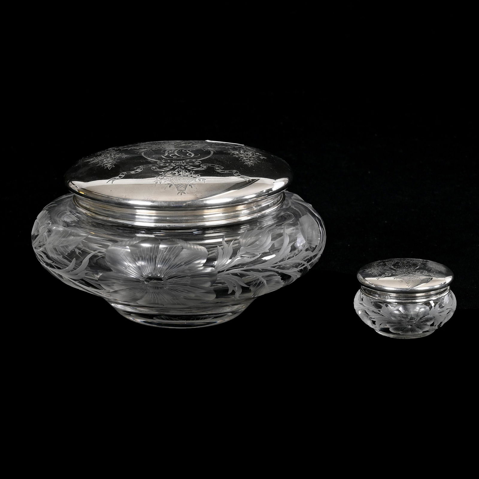 Covered Box & Pill Box, ABCG, Signed Tuthill: Covered Box & Pill Box, American Brilliant Cut Glass, Signed Tuthill, Wild Rose Pattern, (1) 3.75" X 6.5" Covered Box, And (1) 2.5" Pill Box, Both With Gorham Sterling Silver Lids, Nancy And Taylor Ab