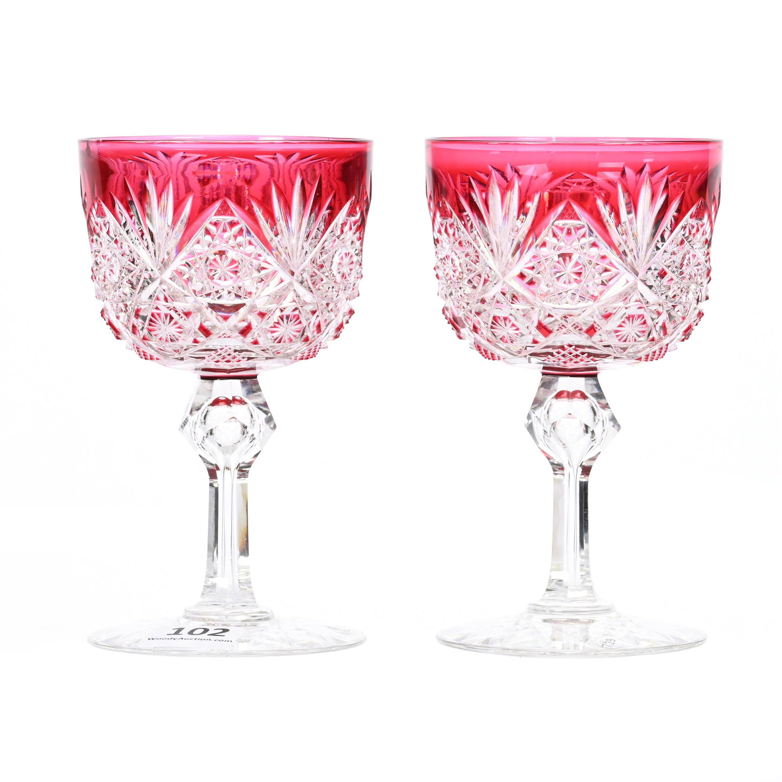 Pair Wine Stems, ABCG, Red Cut To Clear: Pair Wine Stems, American Brilliant Cut Glass, Red Cut To Clear, 4.5" x 2.75", Hobstar, Strawberry Diamond And Fan Motif, Hobstar Foot, Both Have Rim Damage, Nancy And Taylor Abernathy Collection.