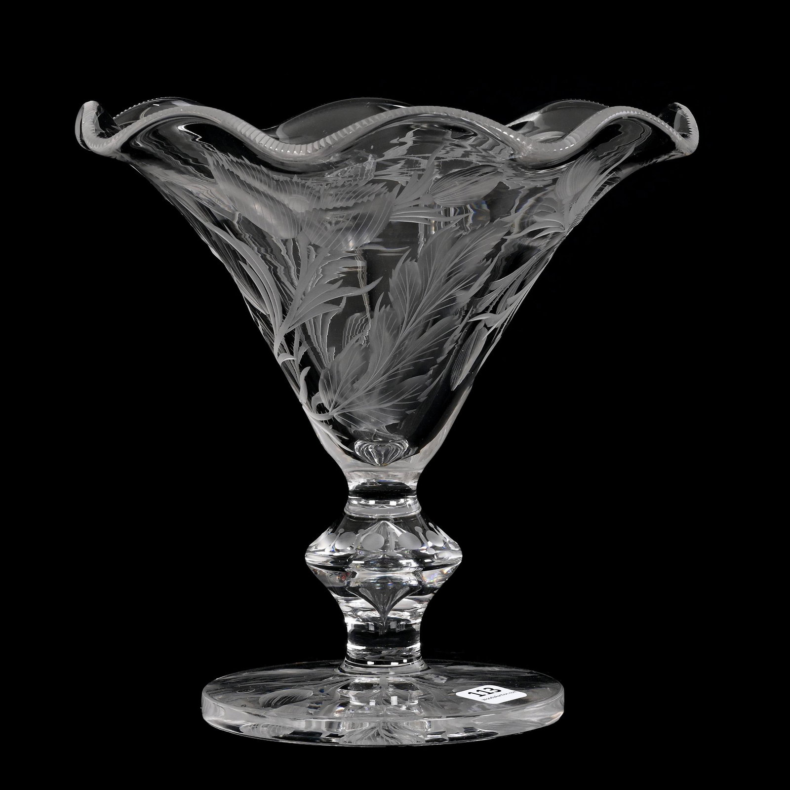 Tazza, ABCG, Engraved Poppy Pattern: Tazza, American Brilliant Cut Glass, Engraved Poppy Pattern, 8.5" x 8.75", Notched Ruffled Rim, Teardrop Stem, Pattern Engraved Foot, Attributed To Libbey, Nancy And Taylor Abernathy Collection.