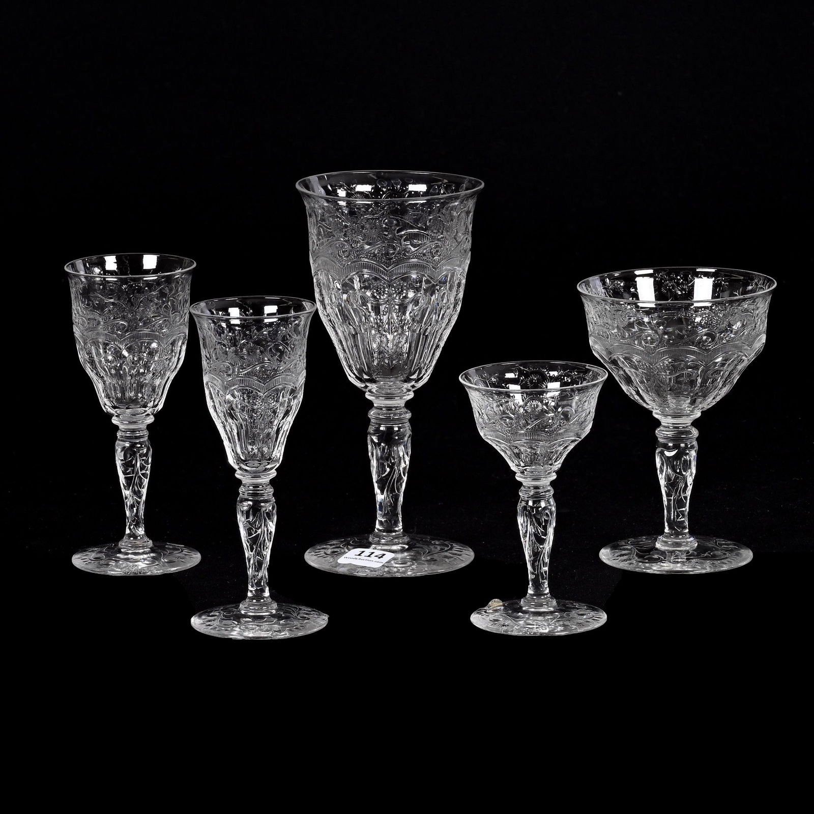 (5) Stems, American Brilliant Cut Glass: (5) Stems, American Brilliant Cut Glass, Beautiful Panel Cuts With Finely Engraved Garland, Floral And Ribbon Design, Pattern Engraved Stem And Foot, (1) 6.75" Goblet, (1) 5" Champagne, (1) 5.25" Wine