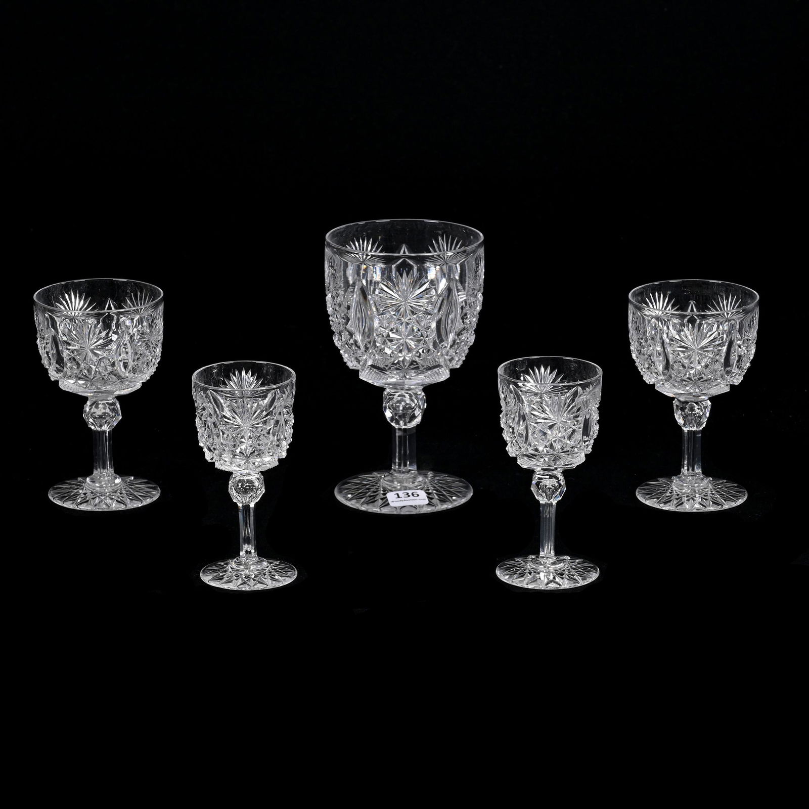 (5) Stems, ABCG, Grecian Pattern By Hawkes: (5) Stems, American Brilliant Cut Glass, Grecian Pattern By Hawkes, All With Hobstar Foot, (1) 6" X 3.5" Goblet, (2) 4.75" X 3" Wines, (2) 4.5" X 2" Cordials, Nancy And Taylor Abernathy Collection.