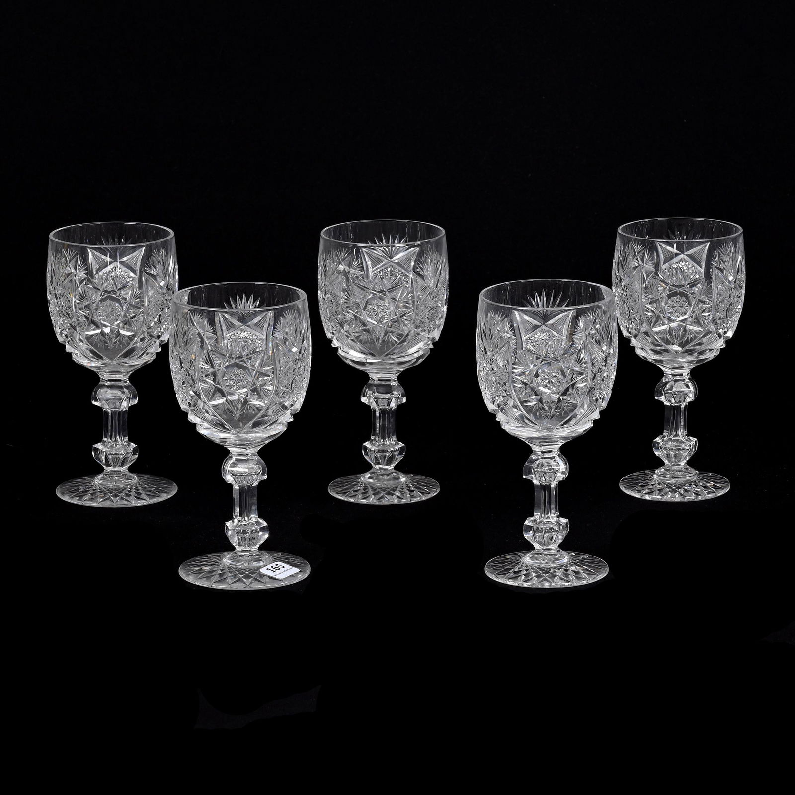 (5) Goblets, American Brilliant Cut Glass: (5) Goblets, American Brilliant Cut Glass, 7" x 3.25", Flashed Hobstar Motif, Fan Highlights, Apple Core Stem, Hobstar Foot, Three Have Professional Foot Trim, Nancy And Taylor Abernathy Collection.