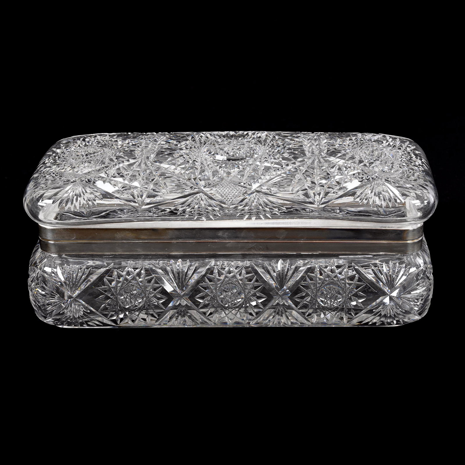 Glove Box, American Brilliant Cut Glass, Hinged Lid: Glove Box, American Brilliant Cut Glass, Hinged Lid, 4.25" x 10.25" x 4.5", Hobstar, Prism And Fan Lid, Hobstar And Fan Base, One Hinge Broken, Nancy And Taylor Abernathy Collection.