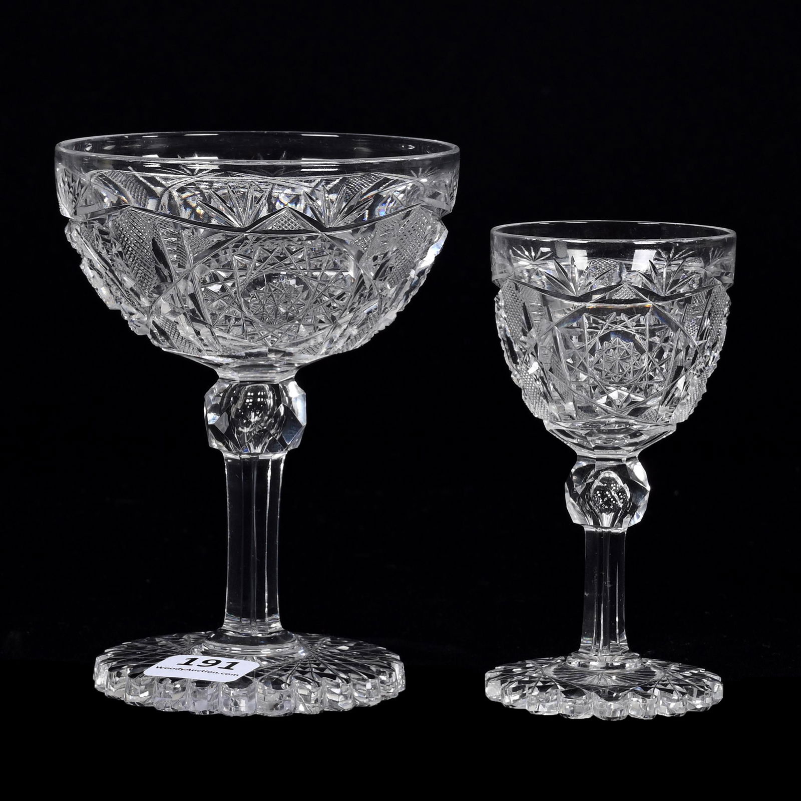 (2) Stems, Acme Pattern by J. Hoare, ABCG: (2) Stems, Acme Pattern by J. Hoare, American Brilliant Cut Glass, Scalloped Hobstar Foot, (1) 4.75" X 3.5" Champagne Stem, (1) 4" X 2" Sherry Stem, Nancy And Taylor Abernathy Collection. UPDATED 9-5-