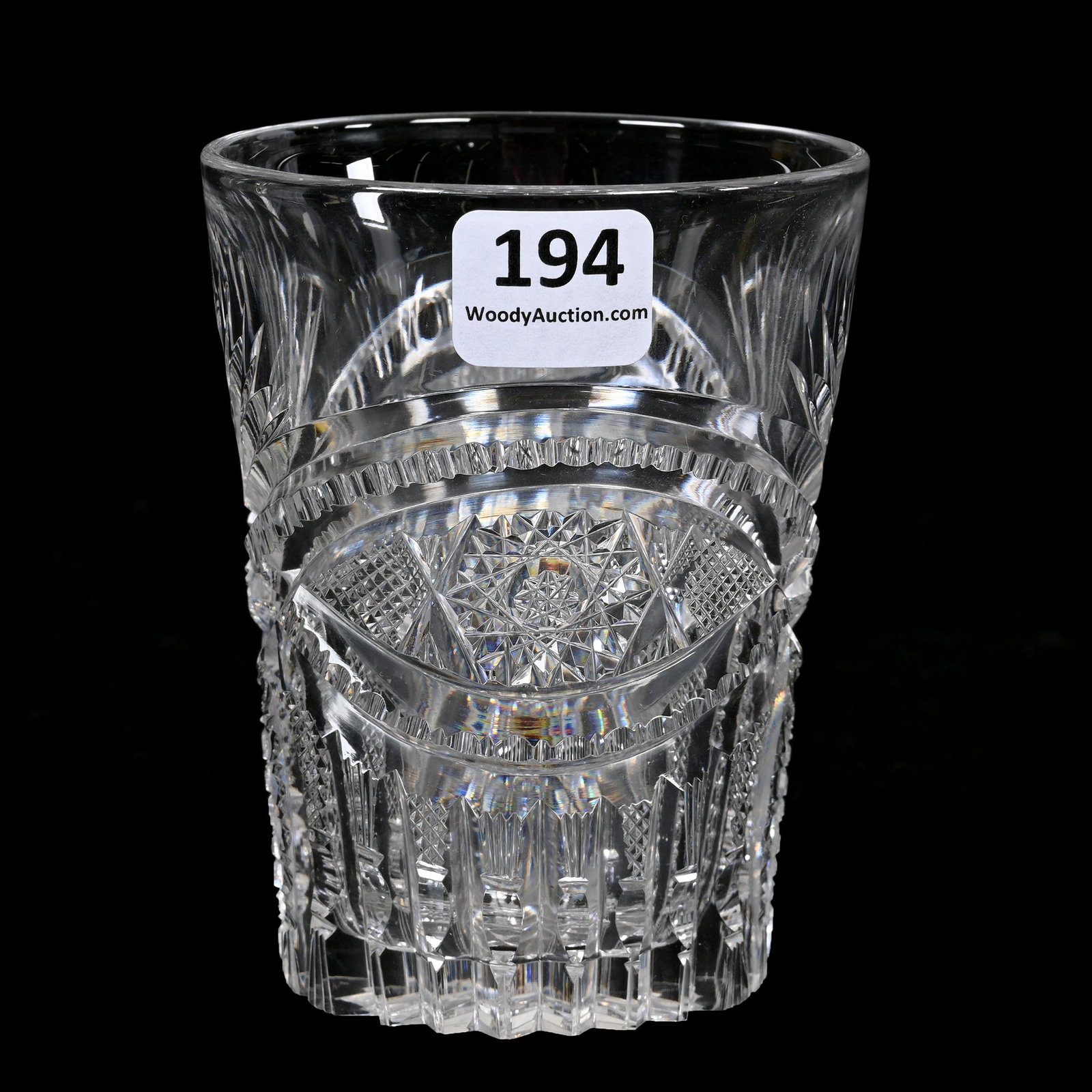 Tumbler, American Brilliant Cut Glass: Tumbler, American Brilliant Cut Glass, 4" x 3", Hobstar, Vesica, Prism, Cane And Fan Motif, Hobstar Base, Nancy And Taylor Abernathy Collection.