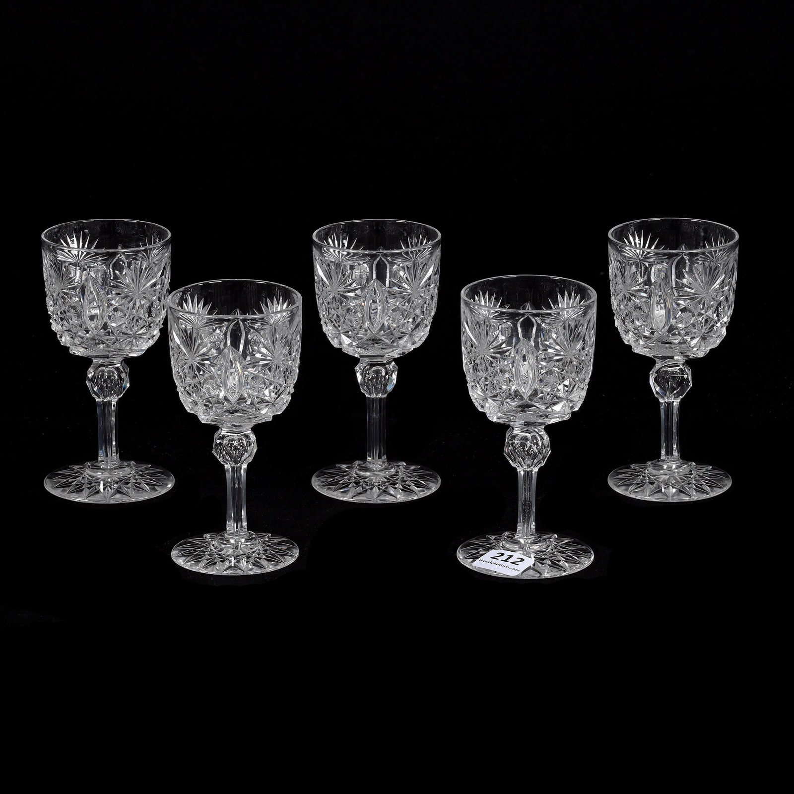 (5) Wine Stems, ABCG, Grecian Pattern By Hawkes: (5) Wine Stems, American Brilliant Cut Glass, Grecian Pattern By Hawkes, 4.5" x 2.5", Hobstar Foot, Nancy And Taylor Abernathy Collection.