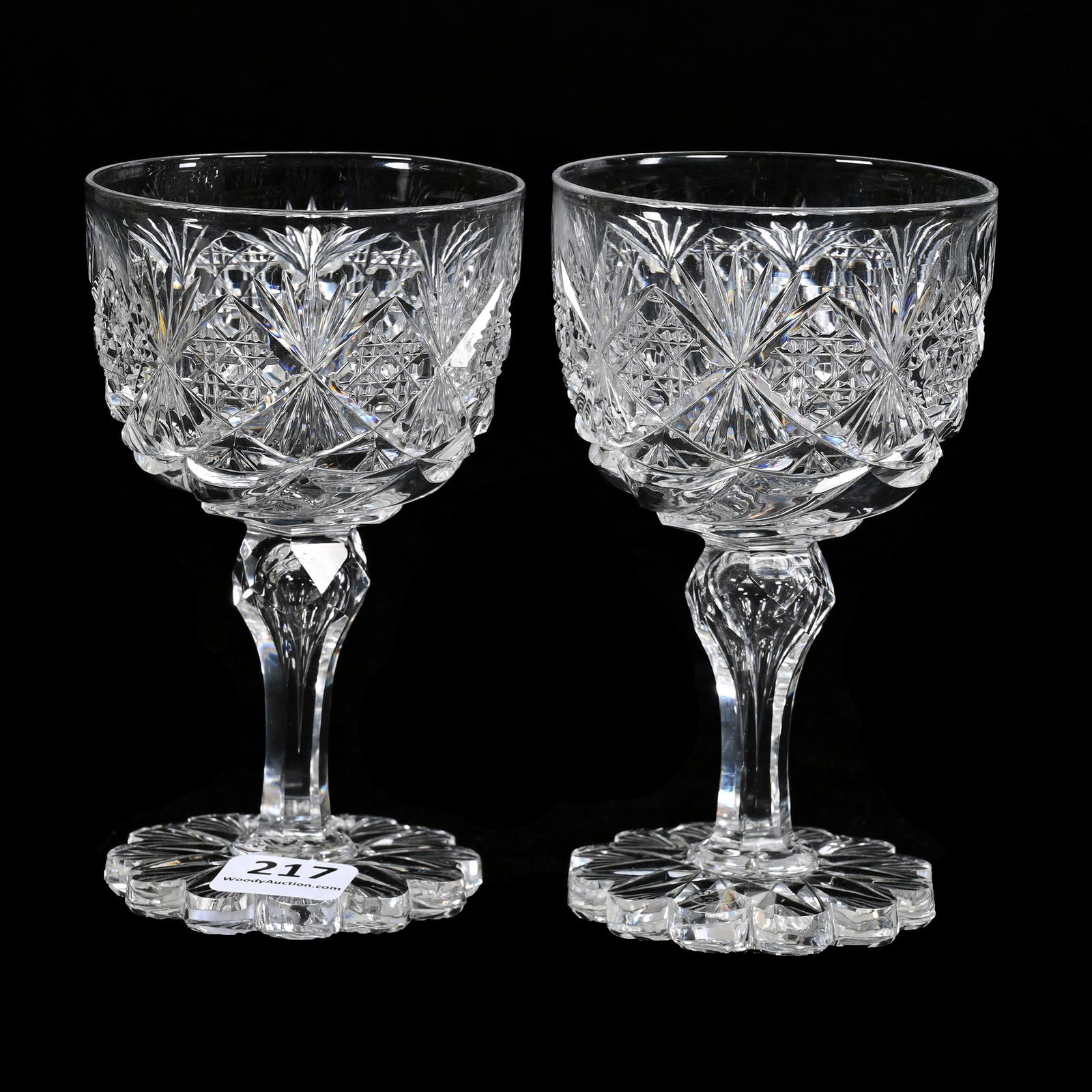 Pair Wine Stems, ABCG, Croesus Pattern By J. Hoare: Pair Wine Stems, American Brilliant Cut Glass, Croesus Pattern By J. Hoare, 4.75" x 2.75", Scalloped Flashed Hobstar Foot, Both With Original Rims, But Slight Height Variation, Nancy And Taylor Aberna