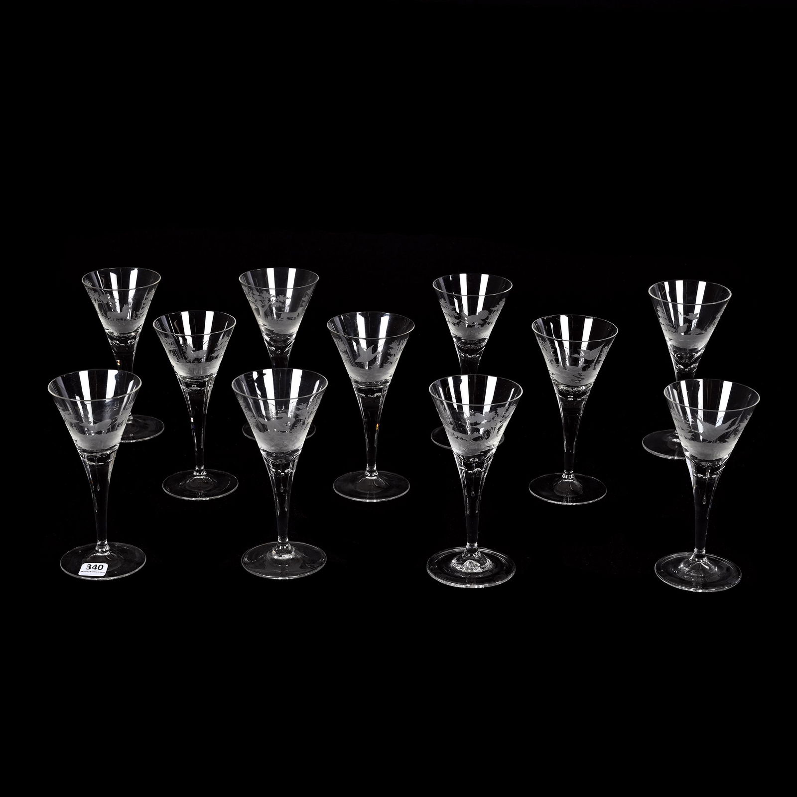 (11) Wine Stems, BPCG, Finely Engraved: (11) Wine Stems, Brilliant Period Cut Glass, Finely Engraved, 6.5" x 3", Scenes Of Stag And Other Animals, Possibly By Moser, One Has Rim Chip, Nancy And Taylor Abernathy Collection.