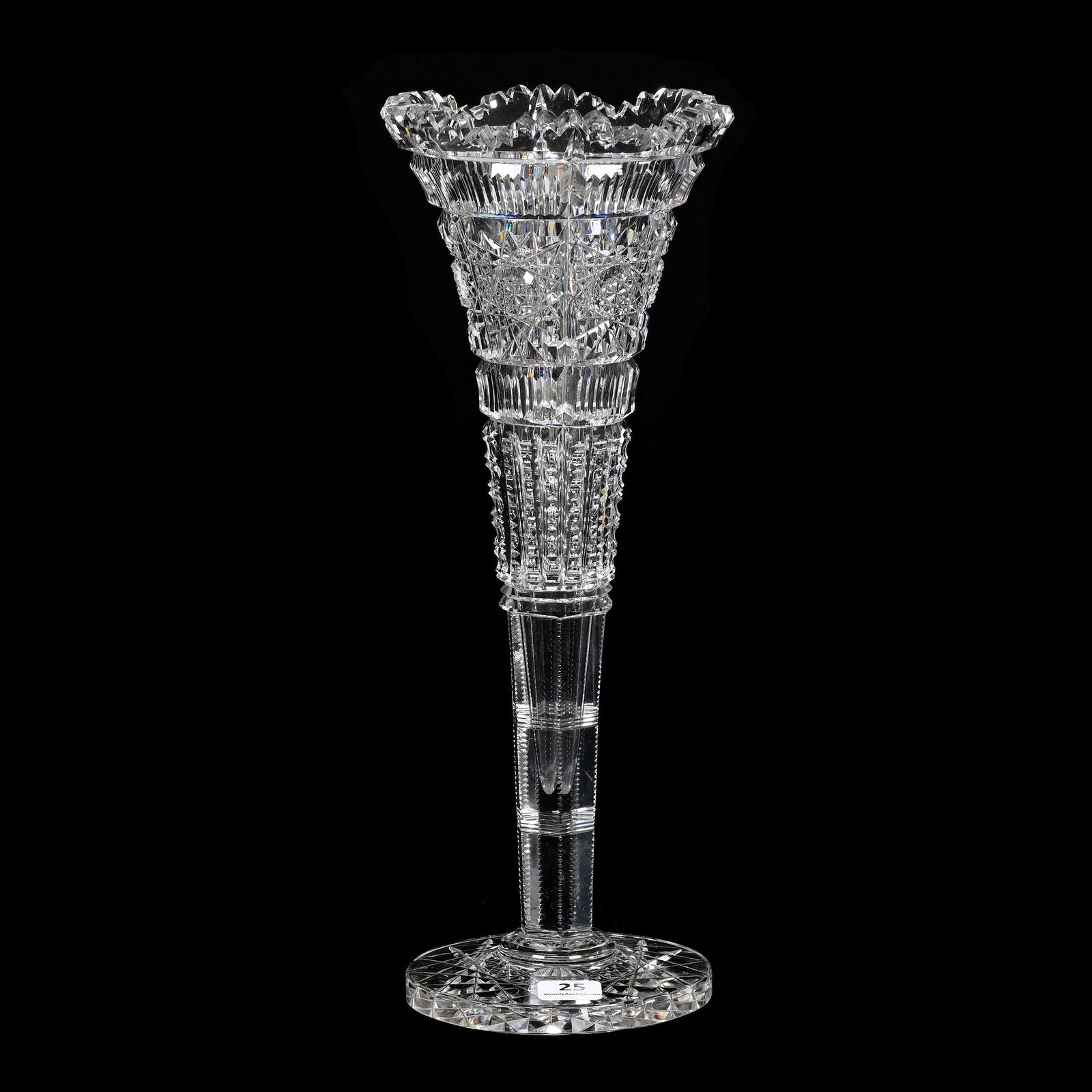 Trumpet Vase, London Pattern by Hawkes, ABCG: Trumpet Vase, London Pattern by Hawkes, American Brilliant Cut Glass, 12.5" x 5", Hobstar Block With Prism And Miter Highlights, Hobstar Foot, Tooth Chip, Kansas Private Collection. UPDATED 8-23-23: A