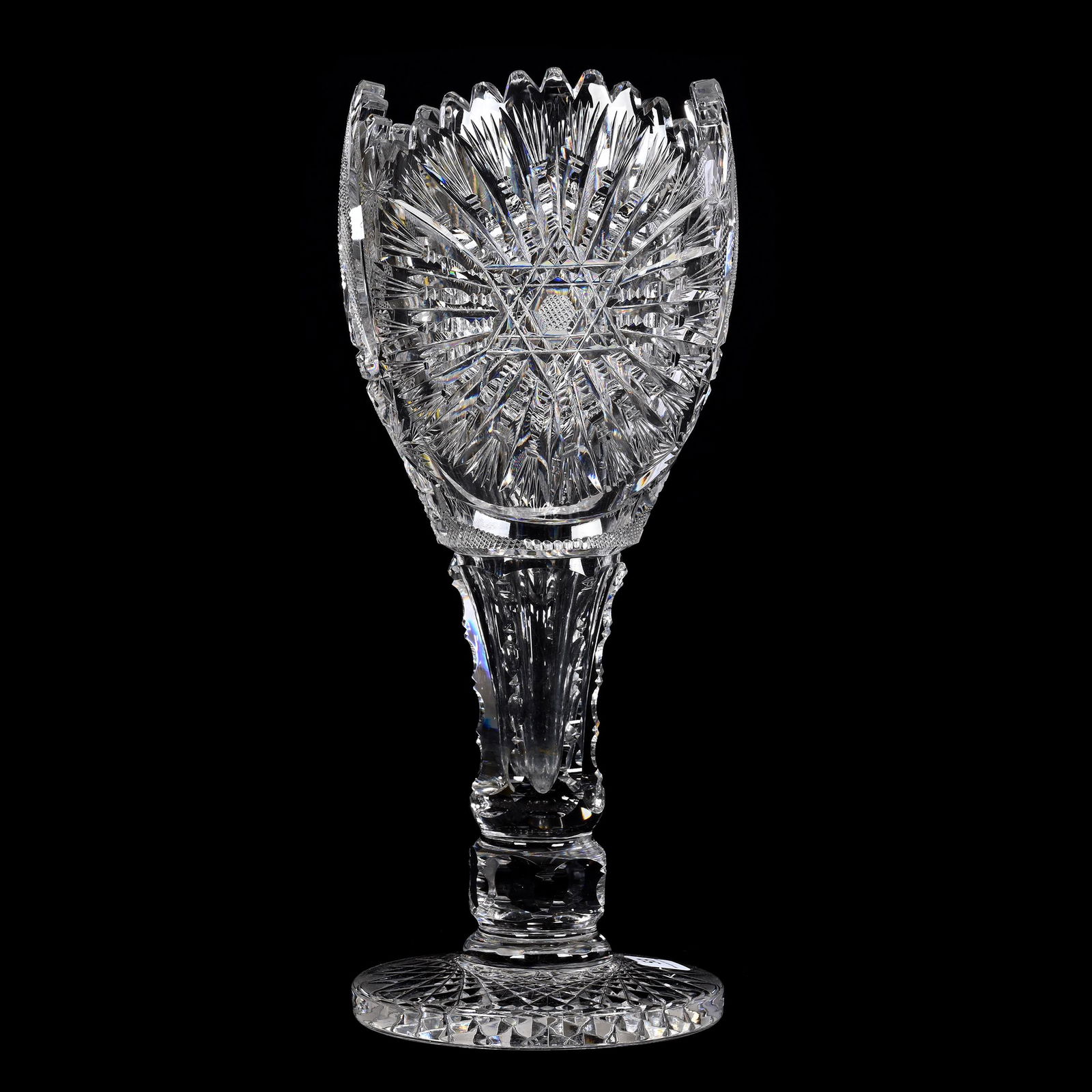 Chalice Vase, American Brilliant Cut Glass: Chalice Vase, American Brilliant Cut Glass, 12.25" x 5", Flashed Hobstar, Vesica, Strawberry Diamond And Fan Motif, Hobstar Foot, Three Tooth Chips, One Of Which Is Serious, CT Private Collection