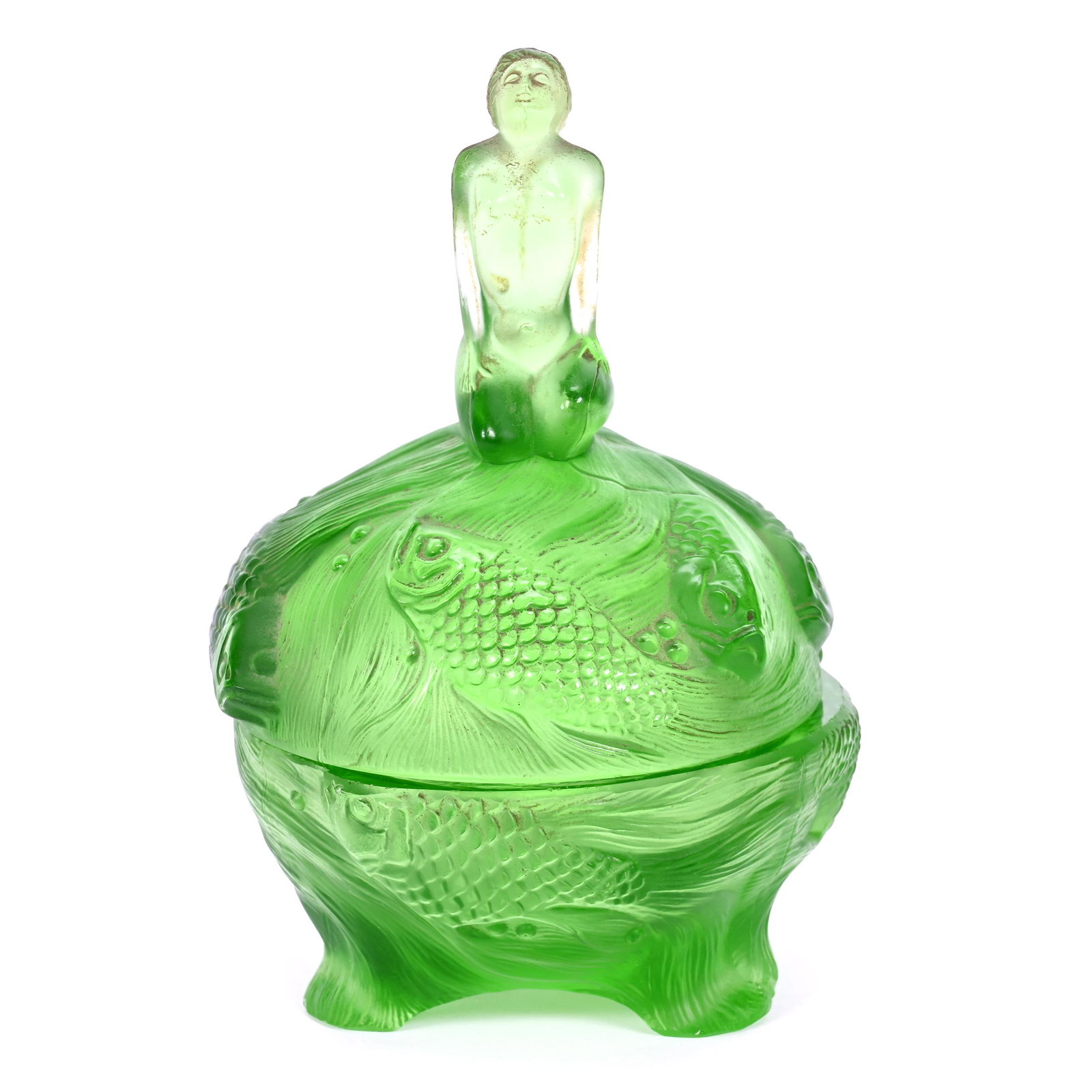 Figural Covered Box, Solid Green Pattern Glass: Figural Covered Box, Solid Green Pattern Glass, 6" x 3.75", Embossed Fish Design With Finial Of Nude, Bruise On Interior Rim Of Lid, CT Private Collection