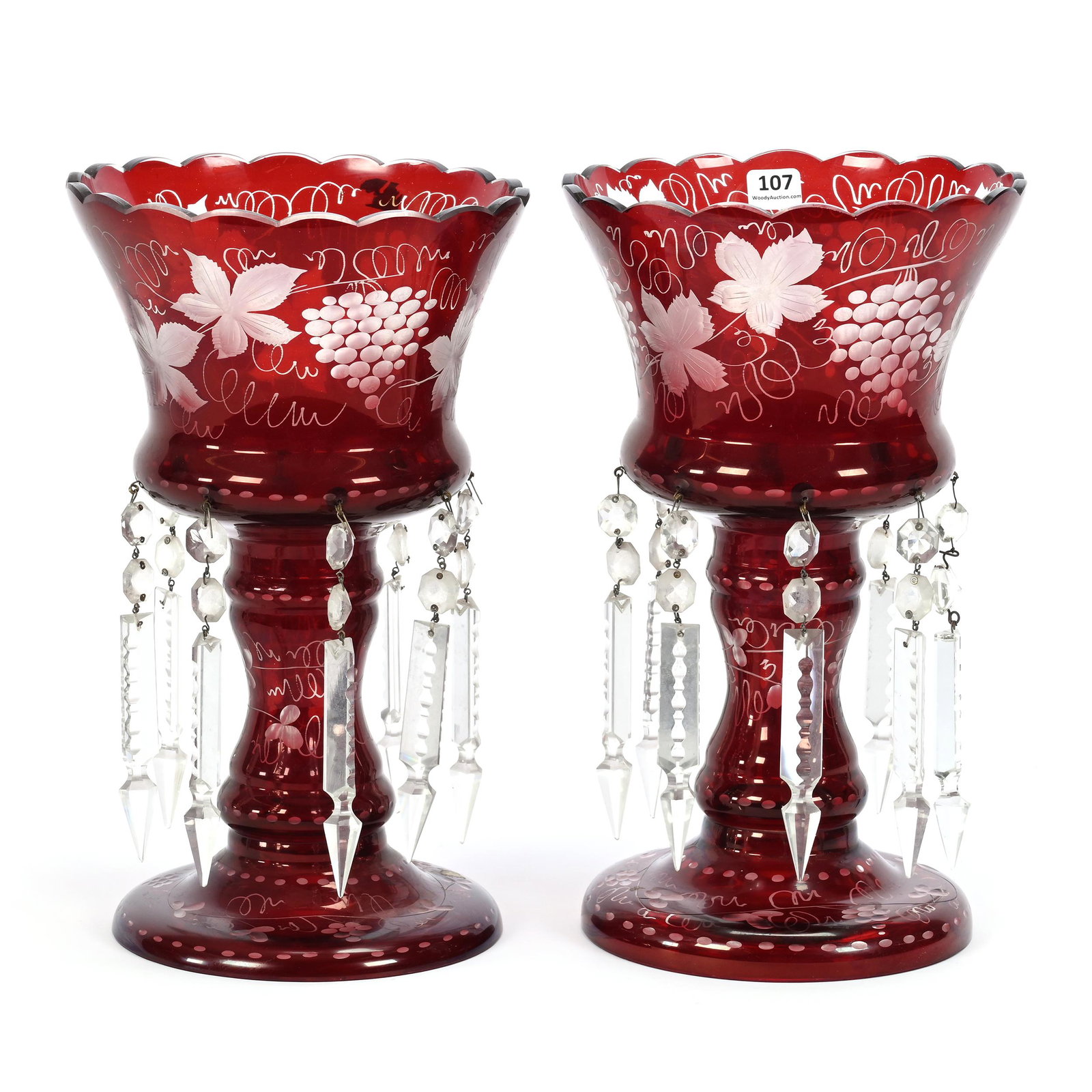 Pair Candle Lusters, Ruby Flash, Engraved Vintage (1 of 3)