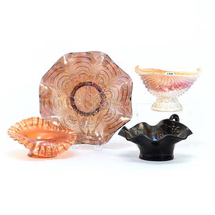 (4) Carnival Glass Items: (4) Carnival Glass Items, (1) 9.25" Bowl, Imperial Pansy, Amethyst/Smoke, (1) 6.5" Handled Holly Nappy, Purple, (1) 6.25" Jack In Pulpit Hat, Marigold Blackberry By Fenton, (1) Nautilus 6.5" By Northw