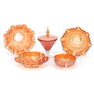 (5) Carnival Glass Items, Marigold: (5) Carnival Glass Items, Marigold, (1) 8.5" Bowl, Vintage Pattern By Fenton, Three In One Edge, (1) 8" Bowl, Windmill Pattern By Imperial, Reproduction, (1) 6.5" Two Handled Bowl, Rose Band By Brockw