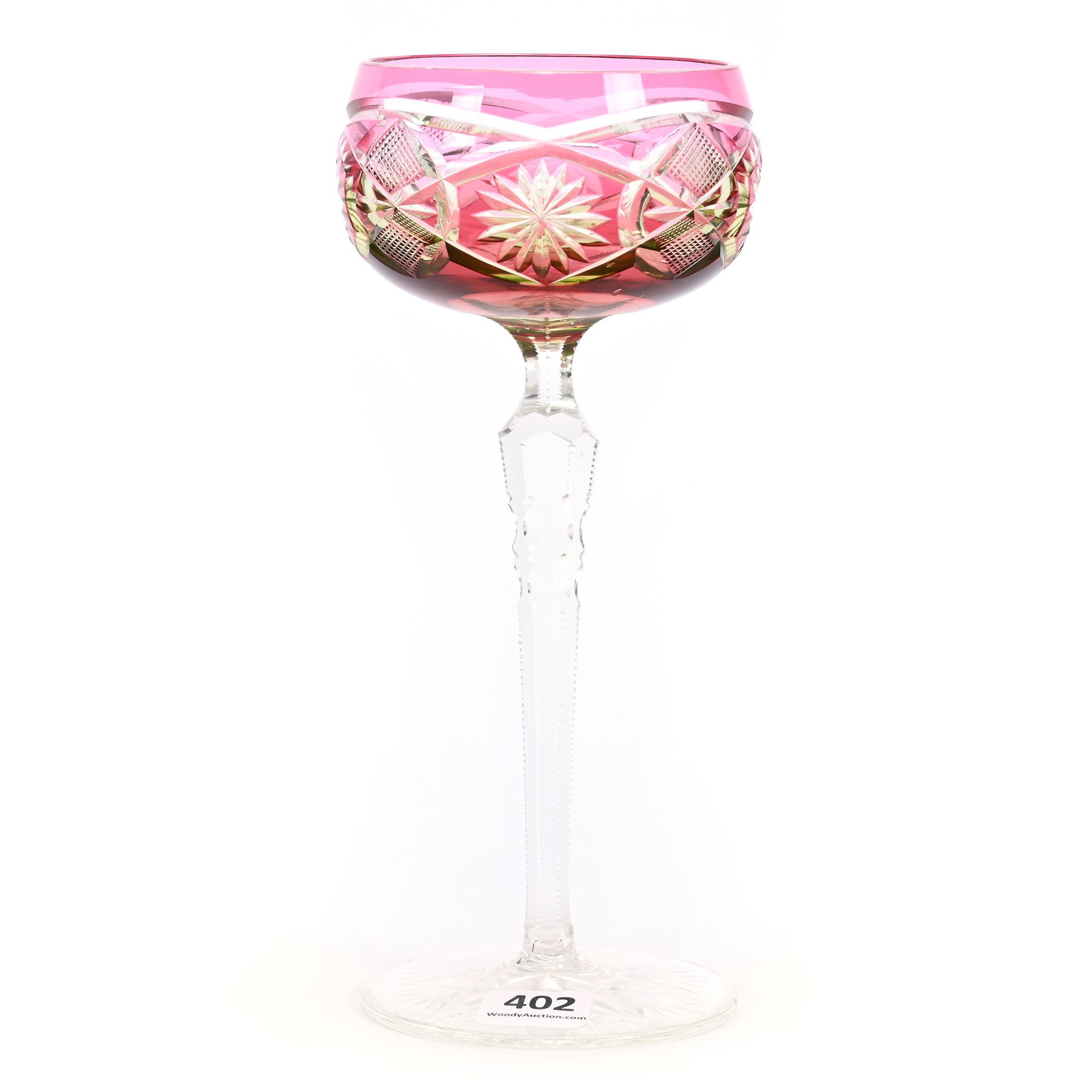 Wine Stem, BPCG, Cranberry Cut To Vaseline: Wine Stem, BPCG, Cranberry Cut To Vaseline, 7.75" x 3.25", Vesica, Strawberry Diamond And Star Motif, Modified Hobstar Foot, Attributed To Val St. Lambert, Kansas Private Collection