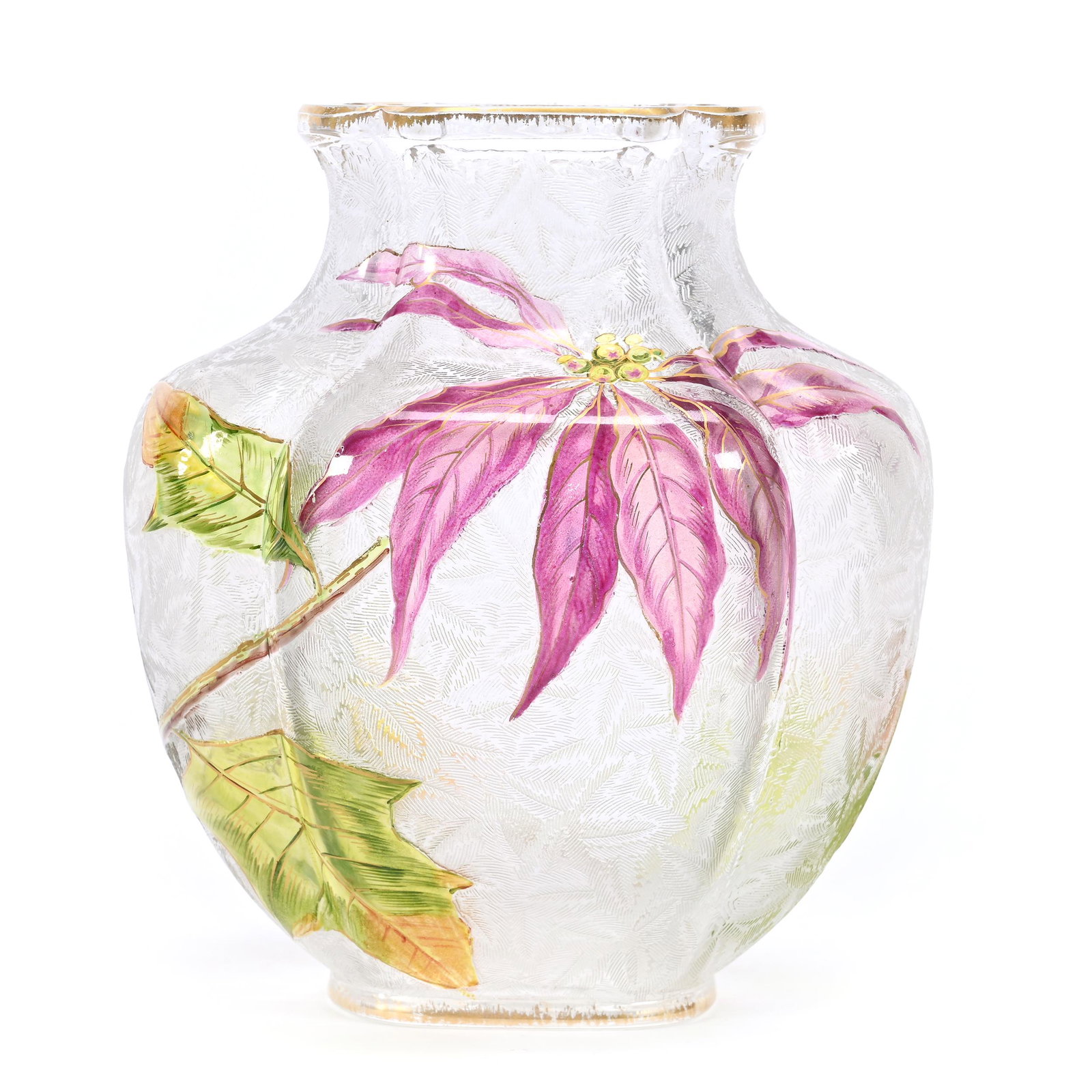 Vase, Unmarked Baccarat Art Glass: Vase, Unmarked Baccarat Art Glass, 5.75" x 5", Clear Acid Cut With Enamel Poinsettia Decor, Gold Stencil Highlights, Dr. Barry & Dee Free