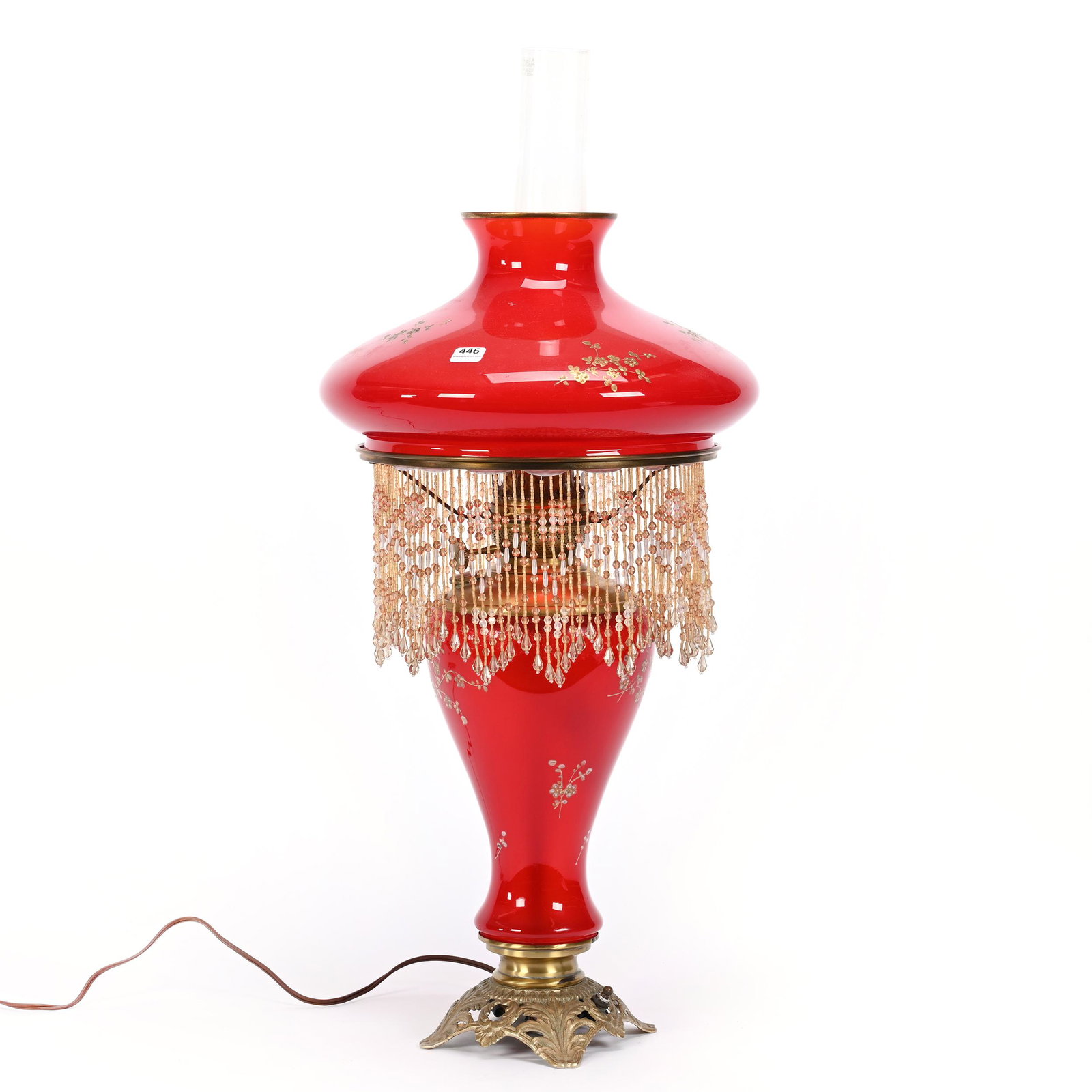 Parlor Lamp, Beautiful Pigeonblood Art Glass: Parlor Lamp, Beautiful Pigeonblood Art Glass, 23.5" x 12", Gold Enamel Floral Highlights, Fringe, Electrified Font, Missouri Private Collection