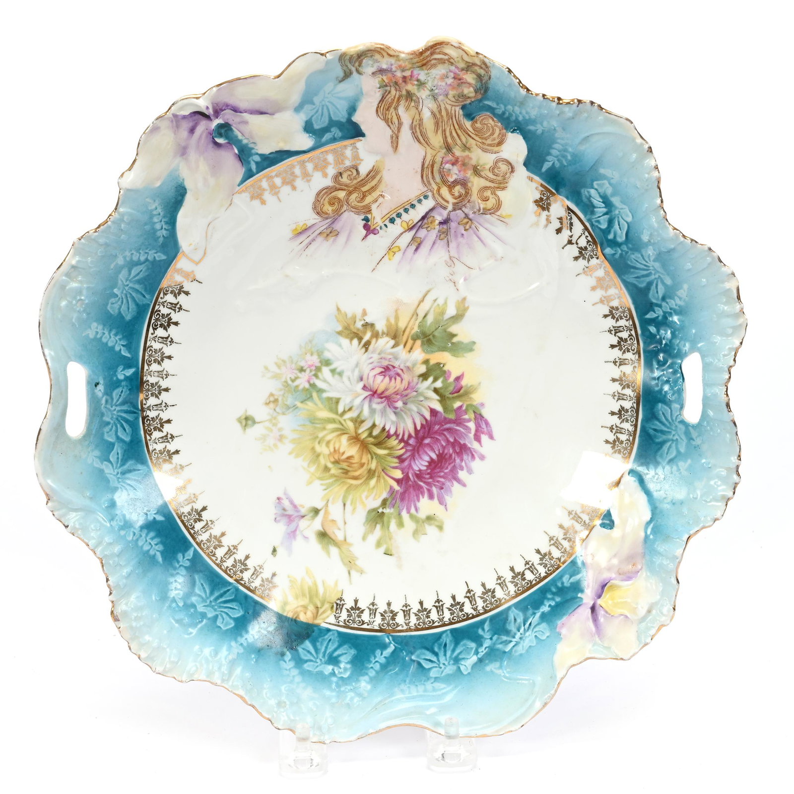 Cake Plate, Unmarked R.S. Prussia, Hidden Image Mold: Cake Plate, Unmarked R.S. Prussia, Hidden Image Mold, 10.75", Blue Border, White Center, Colorful Floral Decor, Hidden Image With Colored Highlights, Small Surface Rim Chip, Lee & Carol Marple Collect