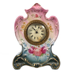 Desk Clock Marked Royal Bonn "Agale" Case: Desk Clock Marked Royal Bonn "Agale" Case, 7" x 5", Pink And Green Tones, Floral Decor, Ansonia Clock Works, Sidlinger Estate Collection, North Carolina.