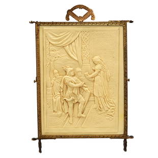 Folding Hinged Vanity Mirror, Three Sections: Folding Hinged Vanity Mirror, Three Sections, 12" x 23" x 7.5", Two Side Mirrors Are Beveled, Center Mirror Is Possible Replacement, Cream Celluloid Panels With Center Having Image Of Soldiers At