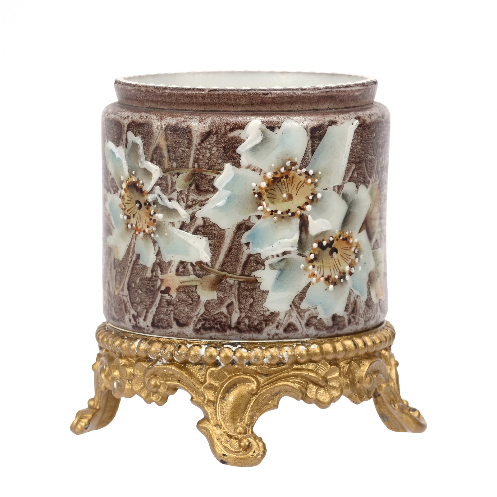 Cigarette Holder, Unmarked Kelva Art Glass: Cigarette Holder, Unmarked Kelva Art Glass, 3.75" x 3", Brown Mottled Background, Blue Floral Decor, Gilt Metal Feet, Sidlinger Estate Collection, North Carolina.