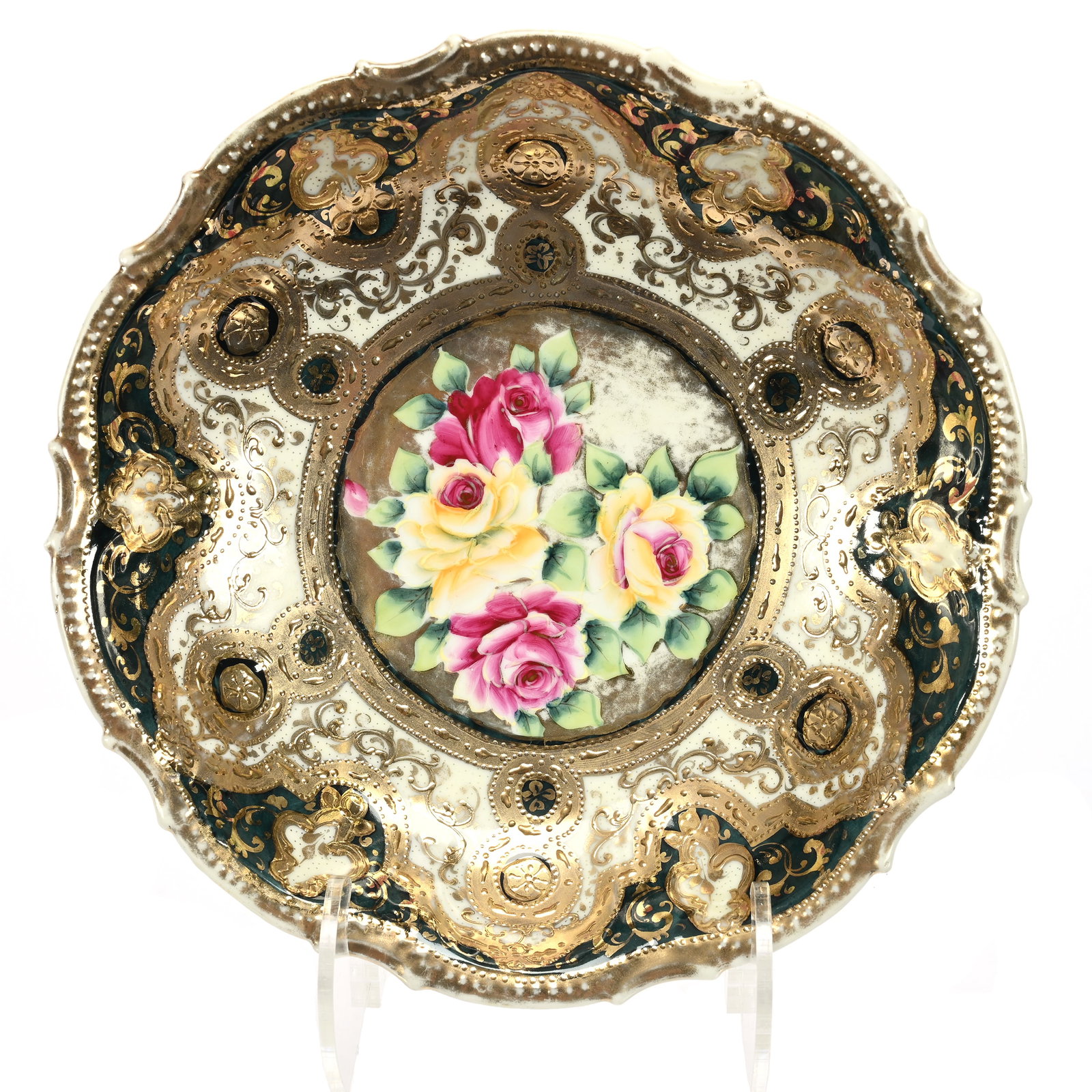 Bowl Marked Nippon: Bowl Marked Nippon, 10.75", Emerald Green Border With Yellow And Pink Rose Decor, Heavy Gold Highlights, Some Gold Wear, Sidlinger Estate Collection, North Carolina.