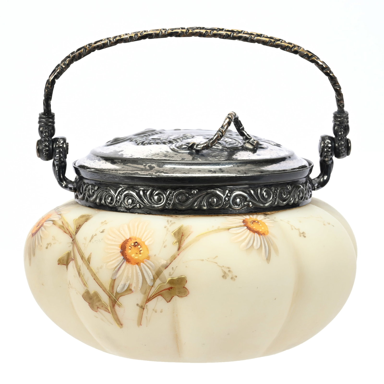 Sweetmeat Marked Smith Brothers Art Glass: Sweetmeat Marked Smith Brothers Art Glass, 3.75" x 5.5", Melon Ribbed, Cream Tones, Daisy Decor, Embossed Silver Plate Lid And Bail, Sidlinger Estate Collection, North Carolina.