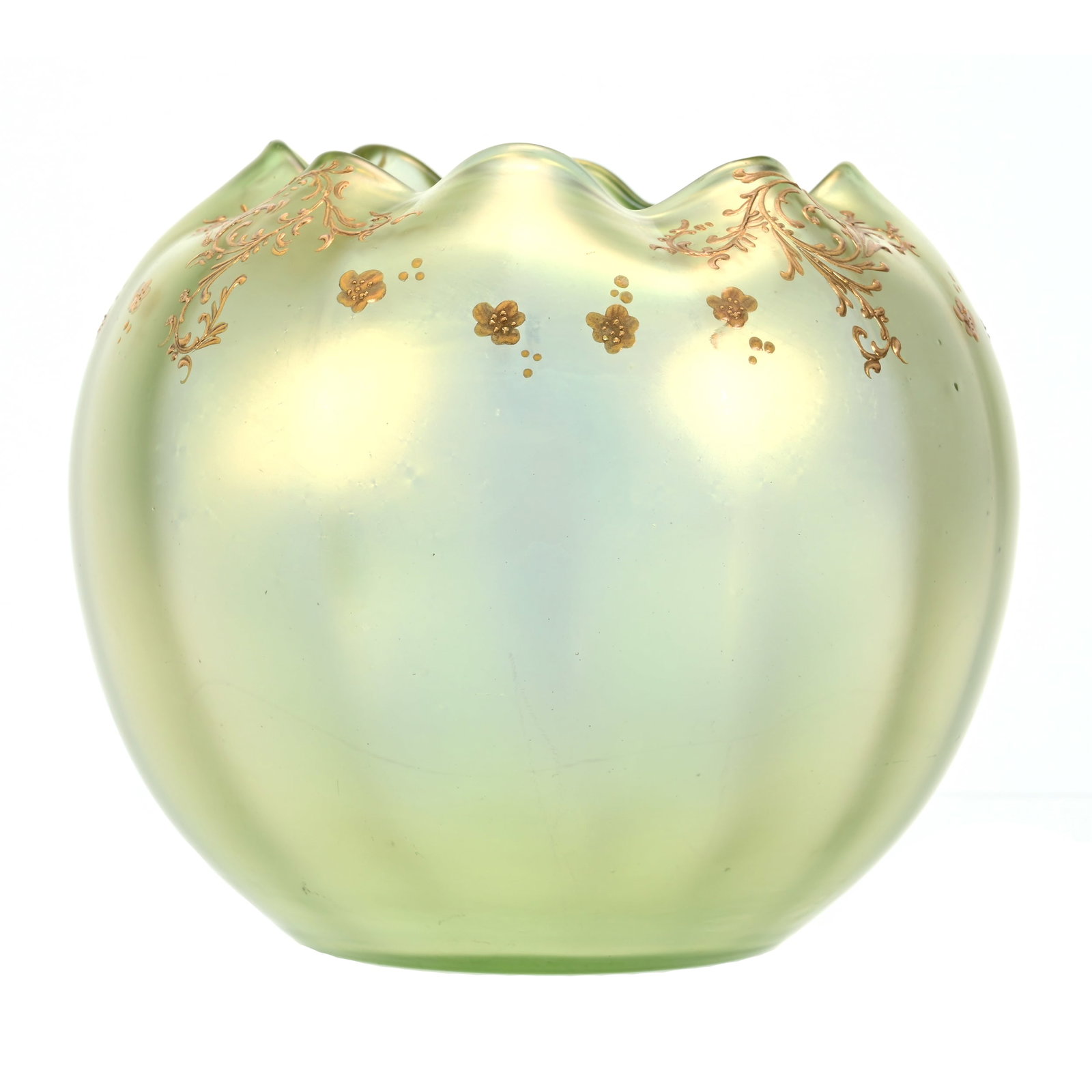 Rose Bowl, Green Iridescent Art Glass: Rose Bowl, Green Iridescent Art Glass, 5.5" x 6.5", Attributed To Loetz, Gold Enamel Floral And Scroll Highlight, Sidlinger Estate Collection, North Carolina.