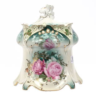 Biscuit Jar Marked R.S. Prussia: Biscuit Jar Marked R.S. Prussia, 7.25" x 6", Point And Clover Mold, Cream And Green Tones, Pink Rose Decor, Opal Jewel Highlights, Rim Chip On Jar, Small Chip On Lid Ring, Sidlinger Estate Collection,