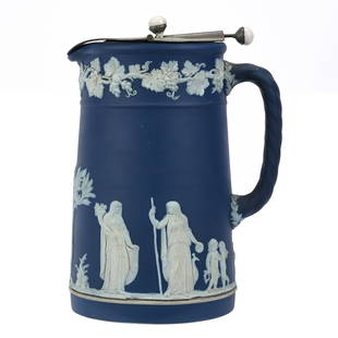 Pitcher Marked Wedgwood: Pitcher Marked Wedgwood, 6.5" x 5", Classic Blue And White With Patent Martin Hanley Mechanical Spout, Circa 1899, Sidlinger Estate Collection, North Carolina.