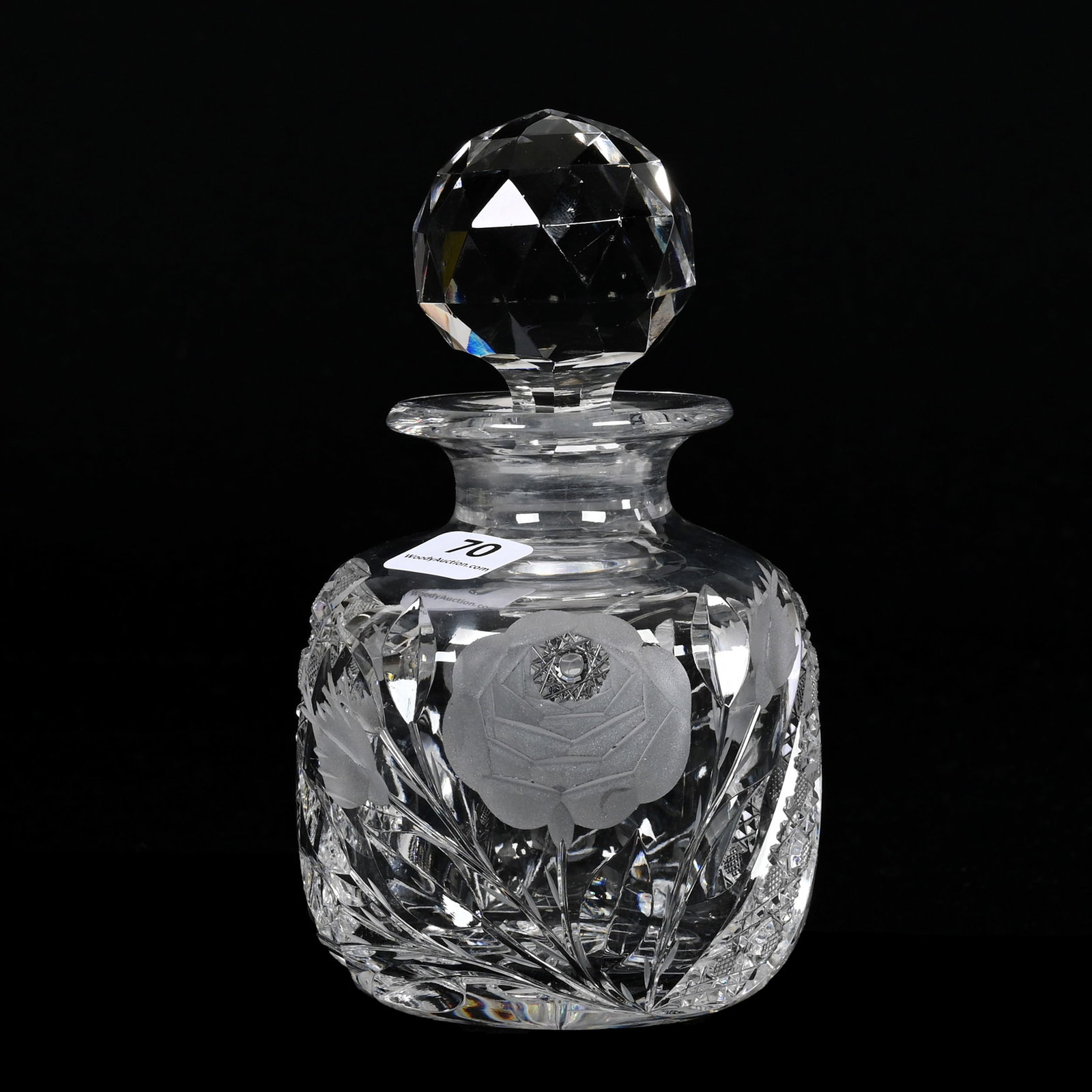 Cologne Bottle, American Brilliant Cut Glass: Cologne Bottle, American Brilliant Cut Glass, 6" x 3.5", Cane And Engraved White Rose Decor, Sidlinger Estate Collection, North Carolina.