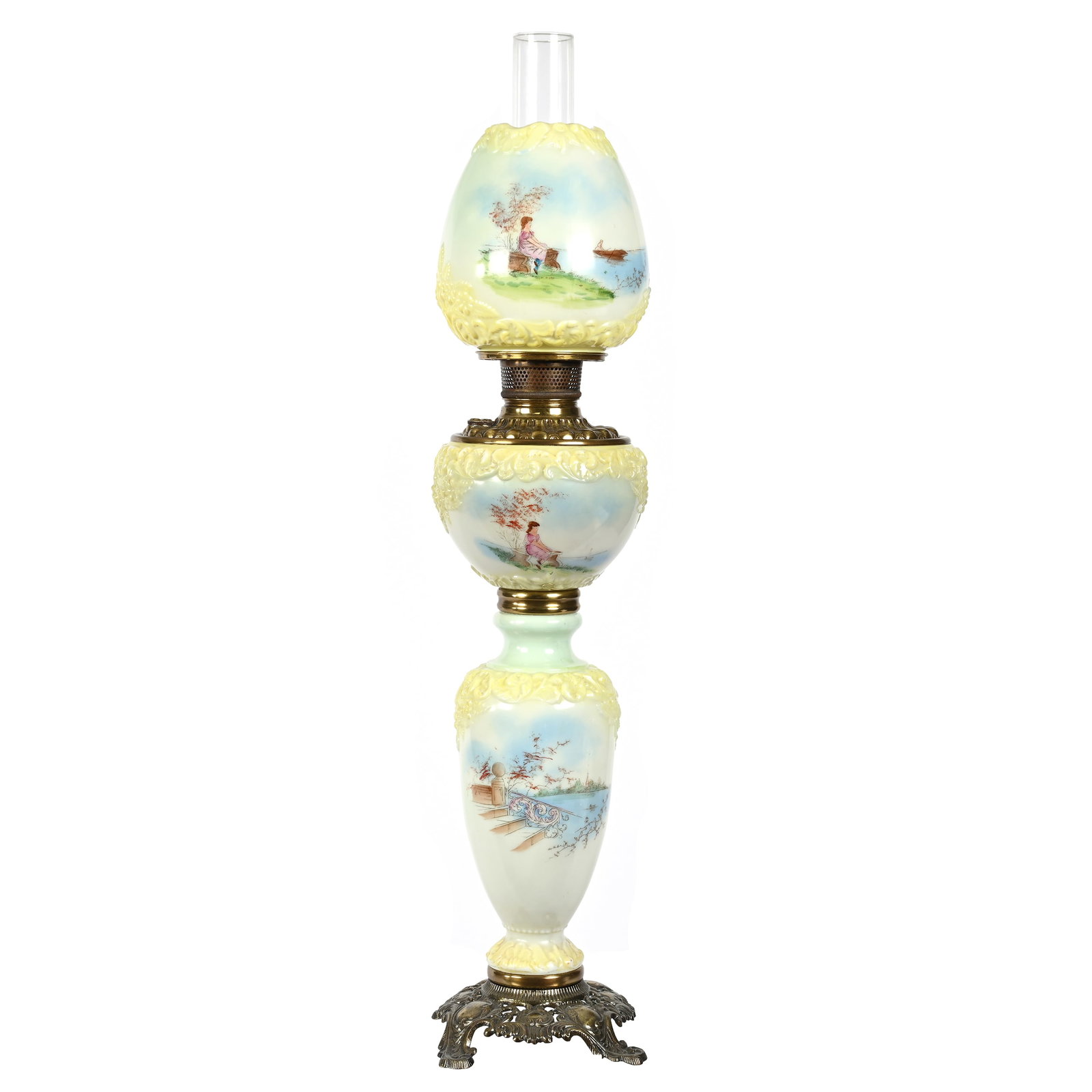 Original Kerosene Banquet Lamp: Original Kerosene Banquet Lamp, 30.5" x 7", Blue And Yellow Opalware With Scenic And Pink Floral Decor, Embossed Floral And Scroll Mold, Attributed To Consolidated Glass, Very Nice Quality, Very Rare,